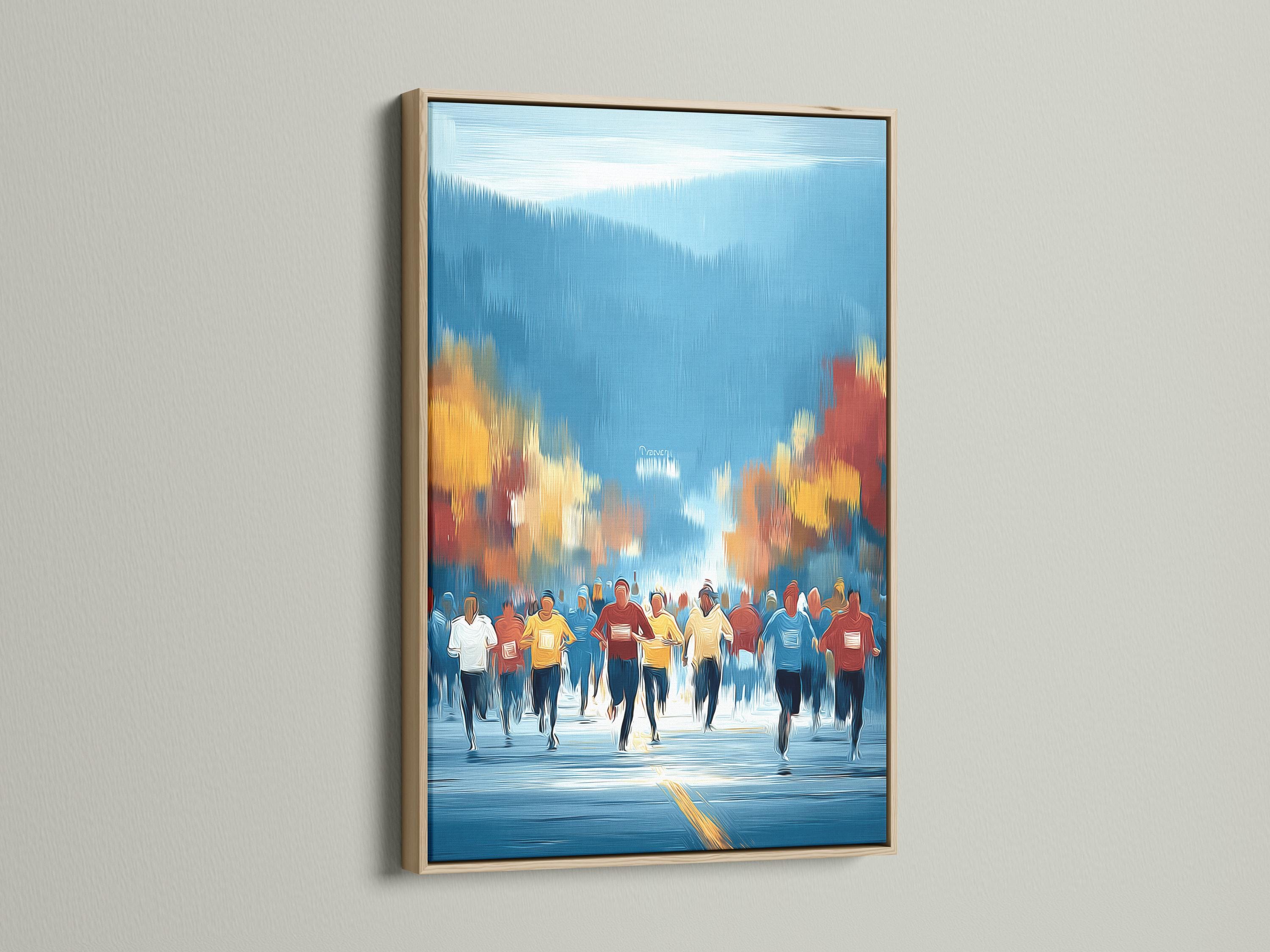 Stylised painting of runners in blue with warm gold horizon light and reflective foreground detail view