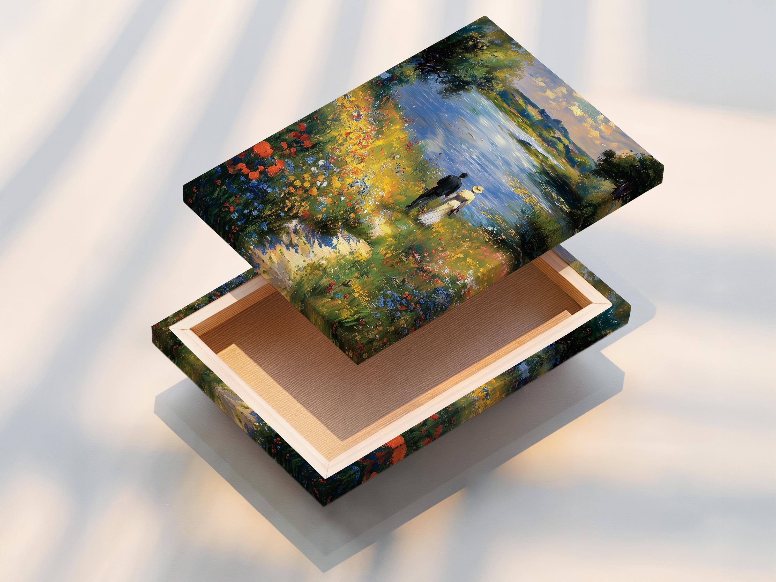 An impressionist lake scene shows a standing couple in a flower-filled meadow, with a blue sky, leafy trees, and shimmering reflections detail view