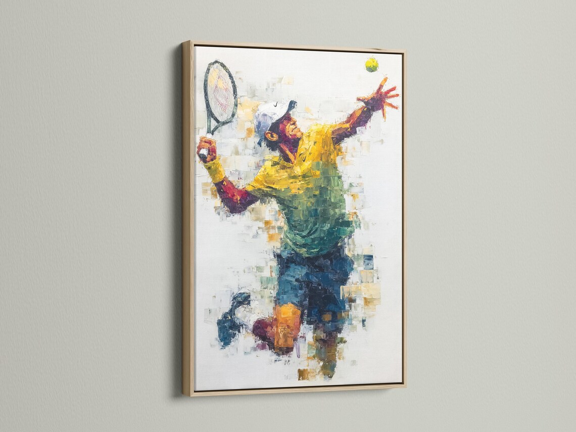 Room mockup showing framed abstract tennis player artwork with yellow, blue and teal colour blocks
