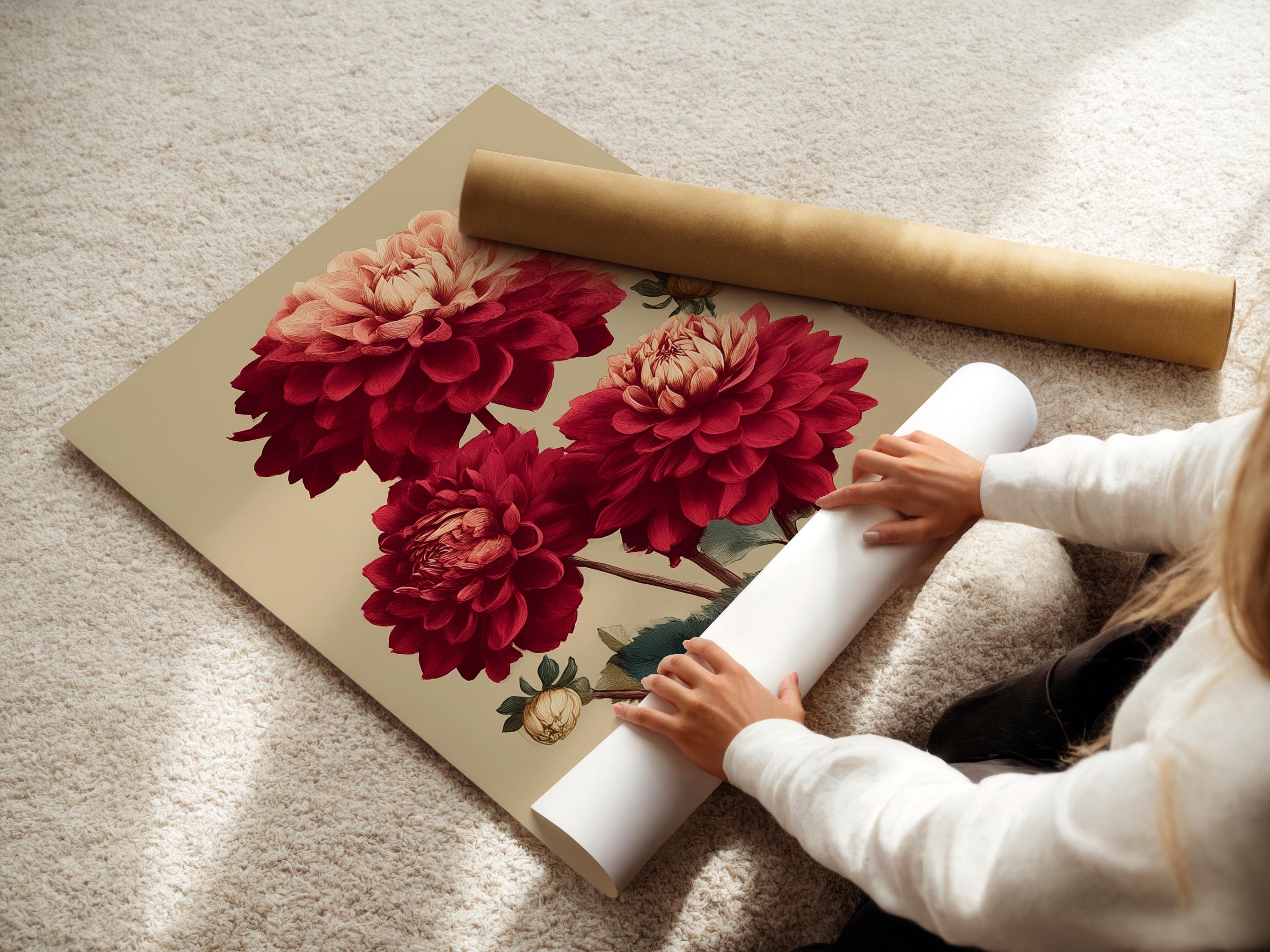 Room mockup featuring framed artwork with burgundy and pale pink dahlias and dark green leaves on a cream background