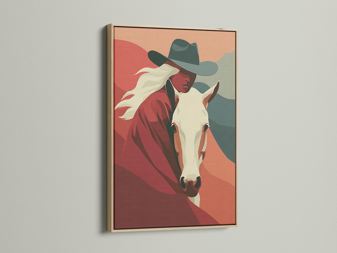 Stylised cowgirl and horse portrait with terracotta and red tones and muted teal accents detail view