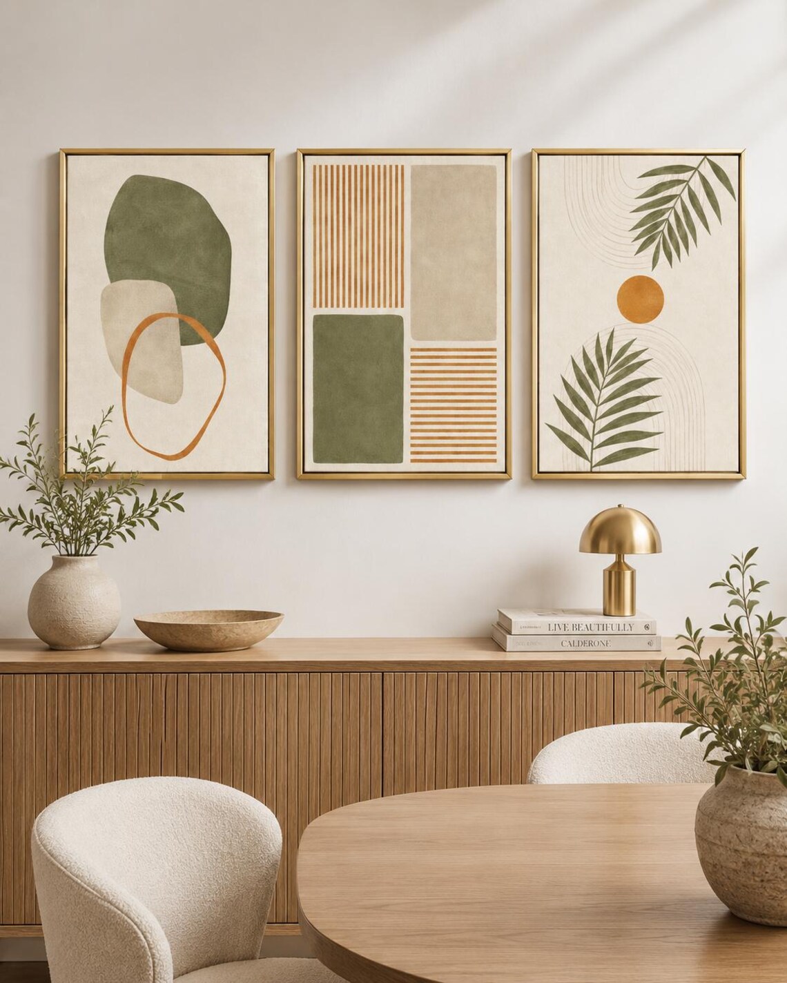 A set of three framed botanical-style artworks shows abstract leaf shapes, geometric blocks and lines in muted greens and terracotta on light detail