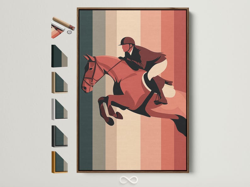 Retro horse and rider graphic on vertical beige and terracotta stripes