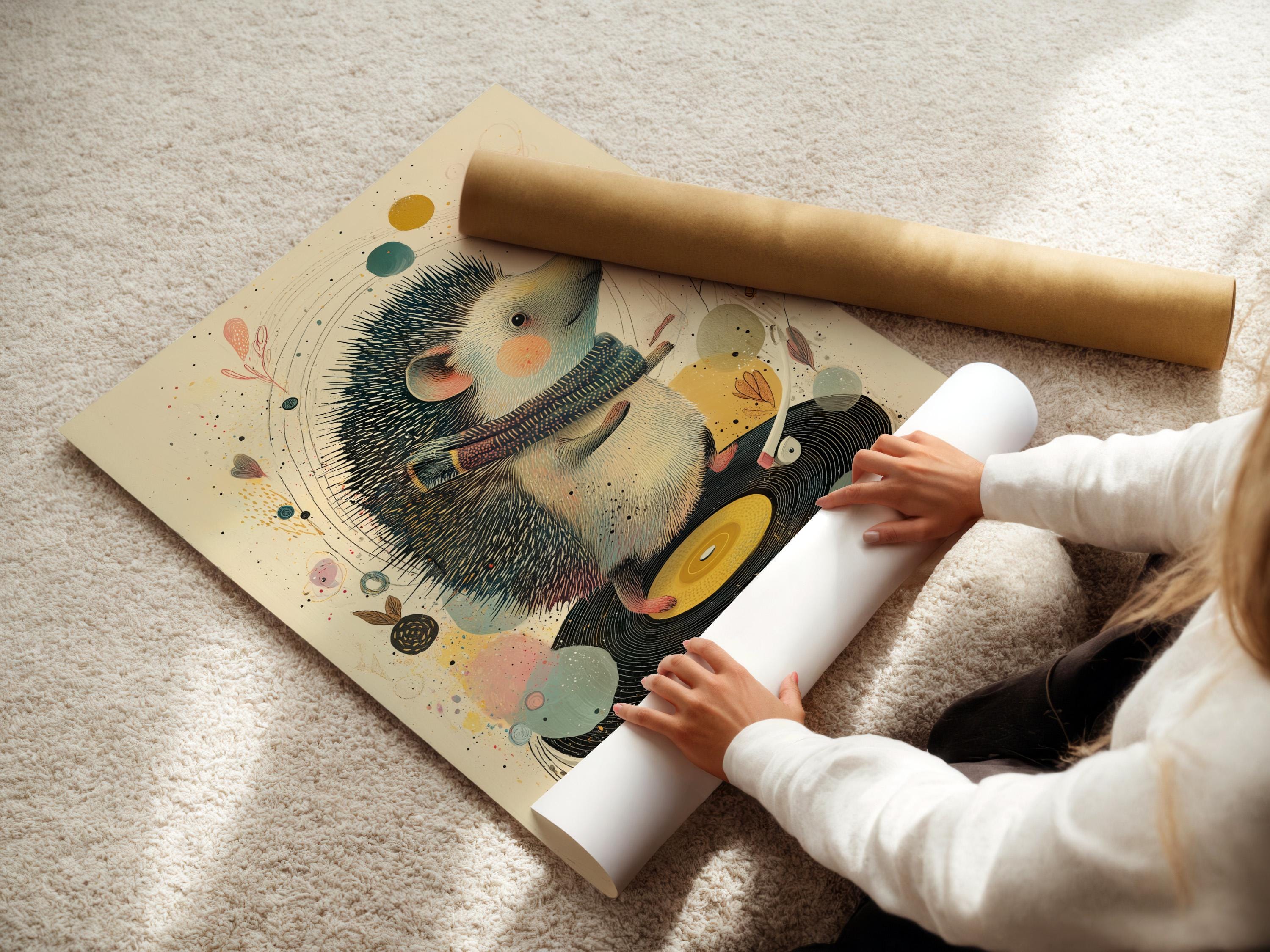 Illustrated hedgehog facing right over a vinyl record with music-themed speckles detail view