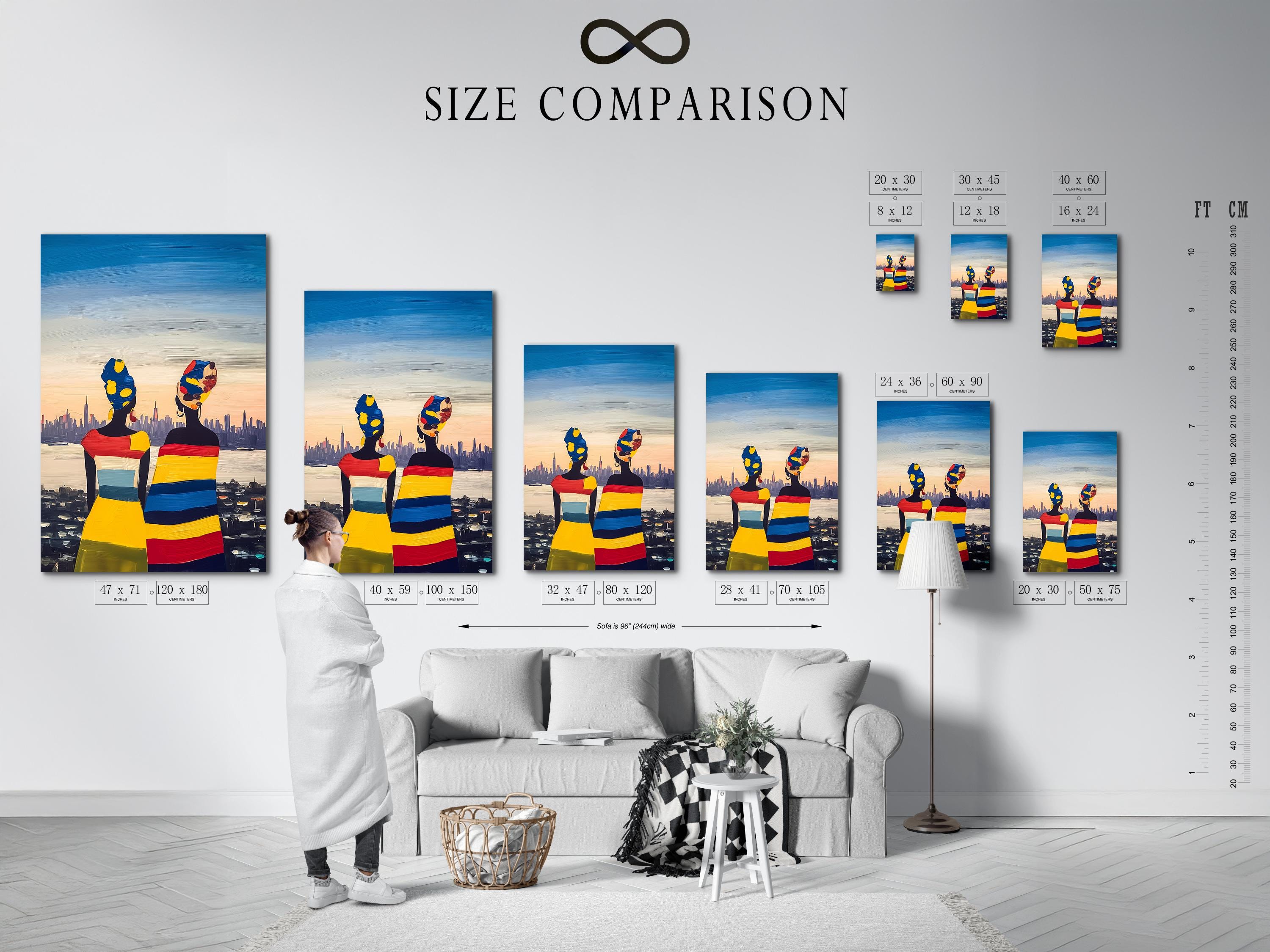 Framed artwork mockup showing two stylised women figures in bright colours with a city skyline background
