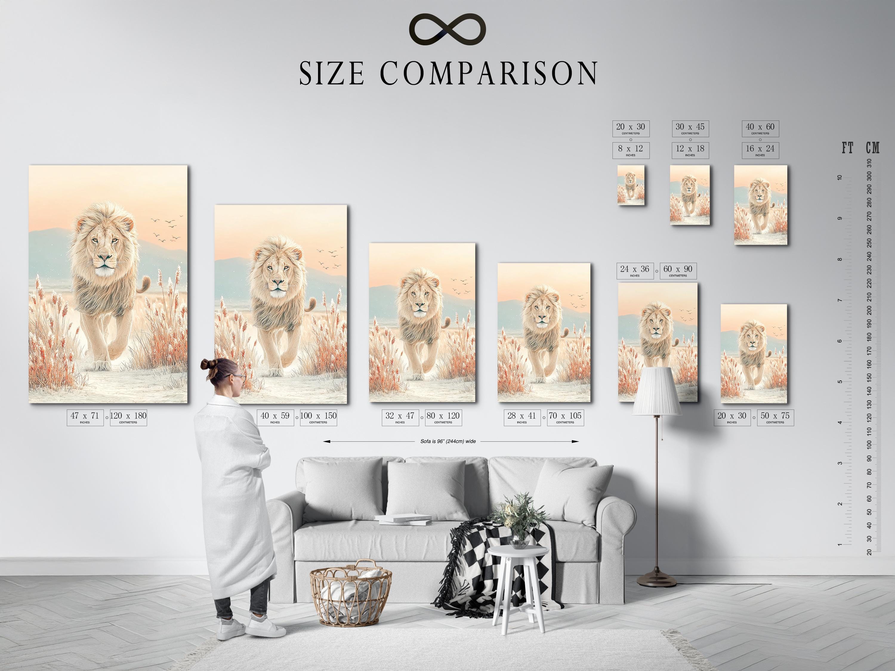Neutral lion standing in a soft savannah scene with reeds, hills and small birds detail view