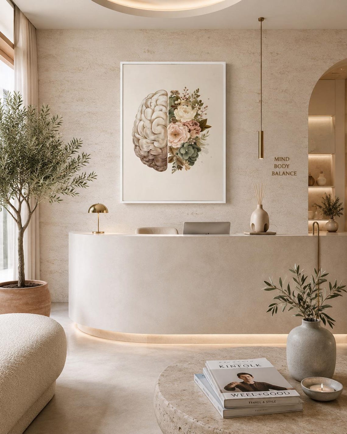 Person reading beside a framed split brain and floral artwork on a floor in a softly lit room