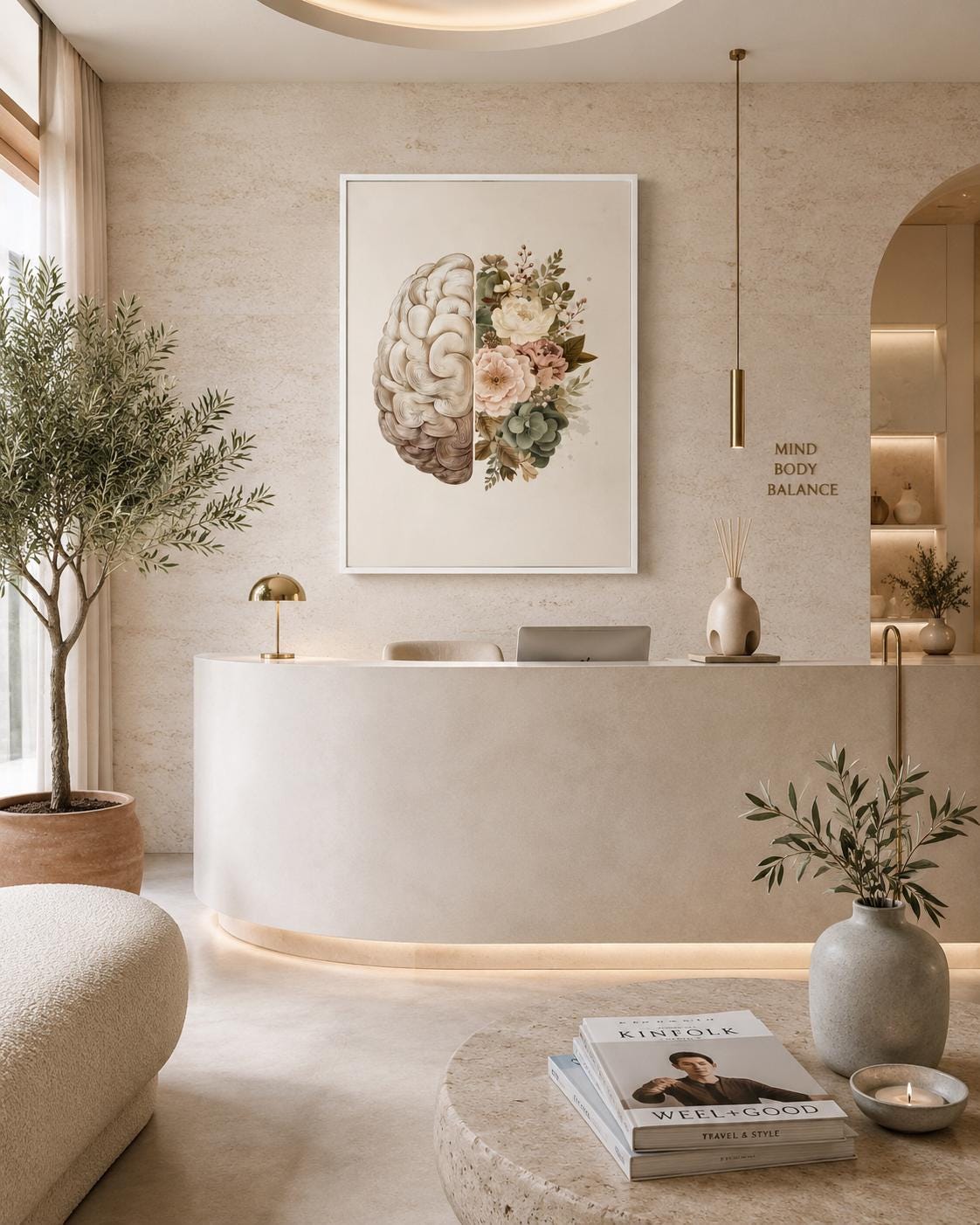 Person reading beside a framed split brain and floral artwork on a floor in a softly lit room