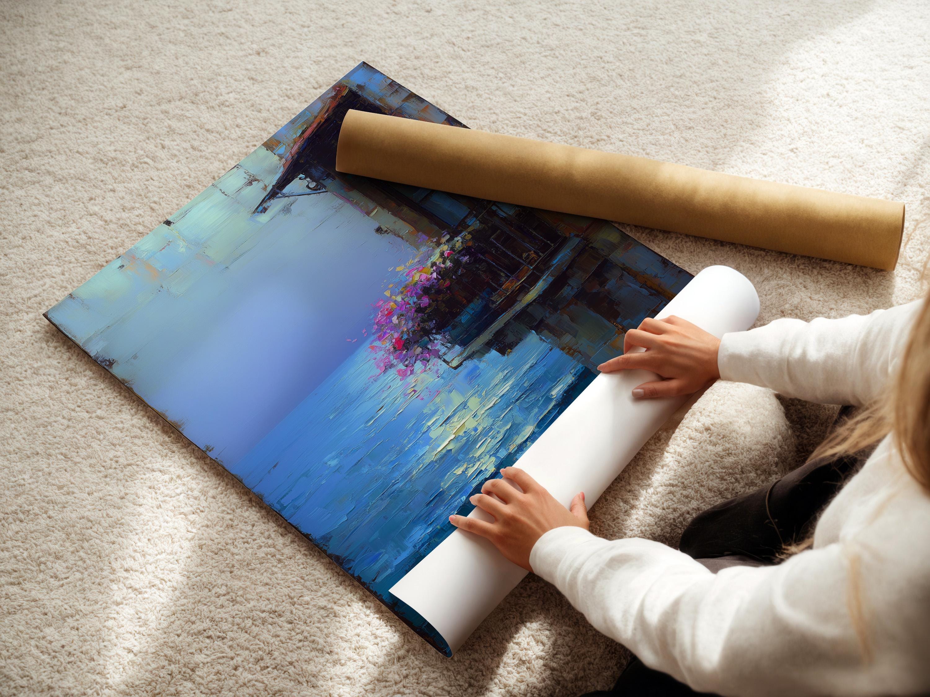 Room mockup showing a framed blue seascape artwork with pink flowers