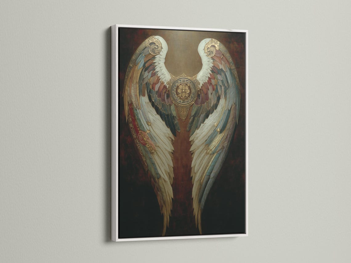 Artwork mockup showing ornate gold angel wings wall art in a dark vintage style