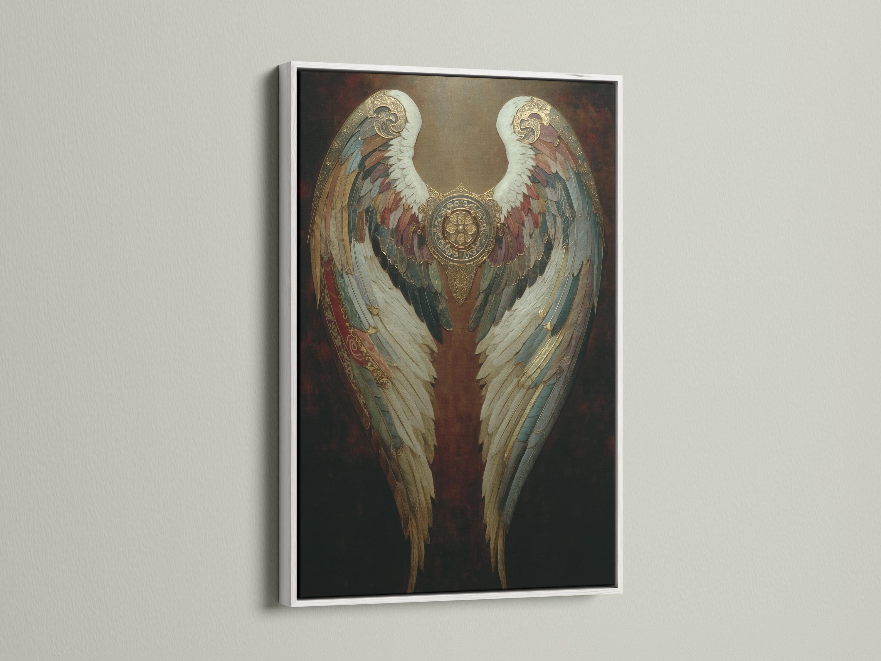 Artwork mockup showing ornate gold angel wings wall art in a dark vintage style