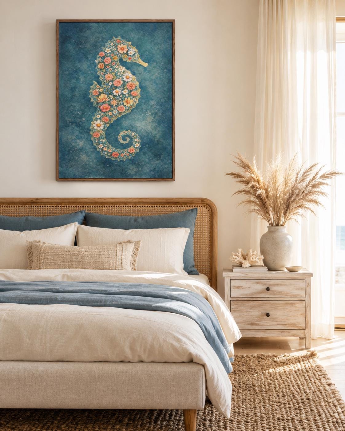 Room mockup showing a framed floral seahorse artwork above a sofa