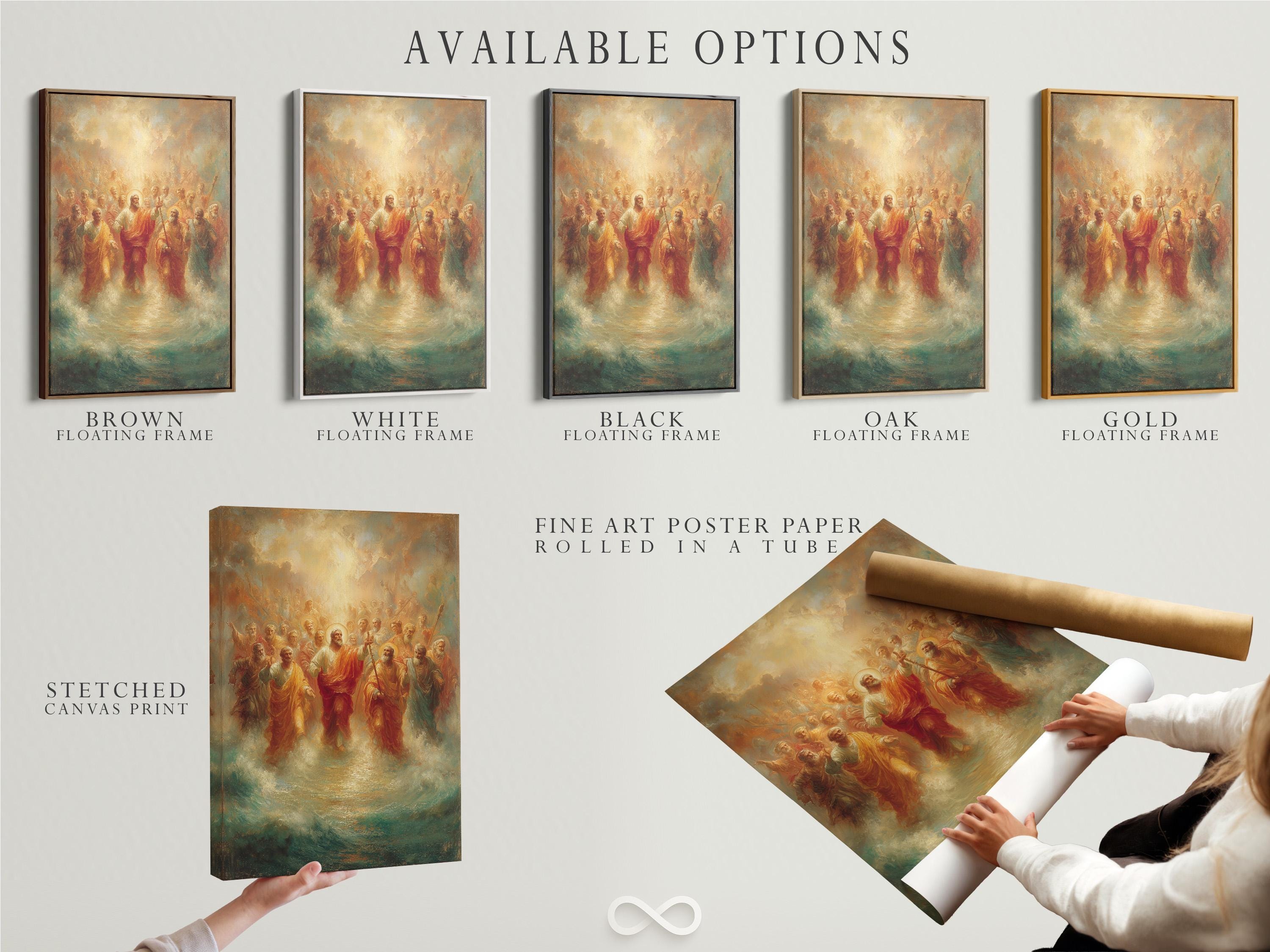 Portrait religious painting showing a radiant golden light above a crowd of robed apostles detail view