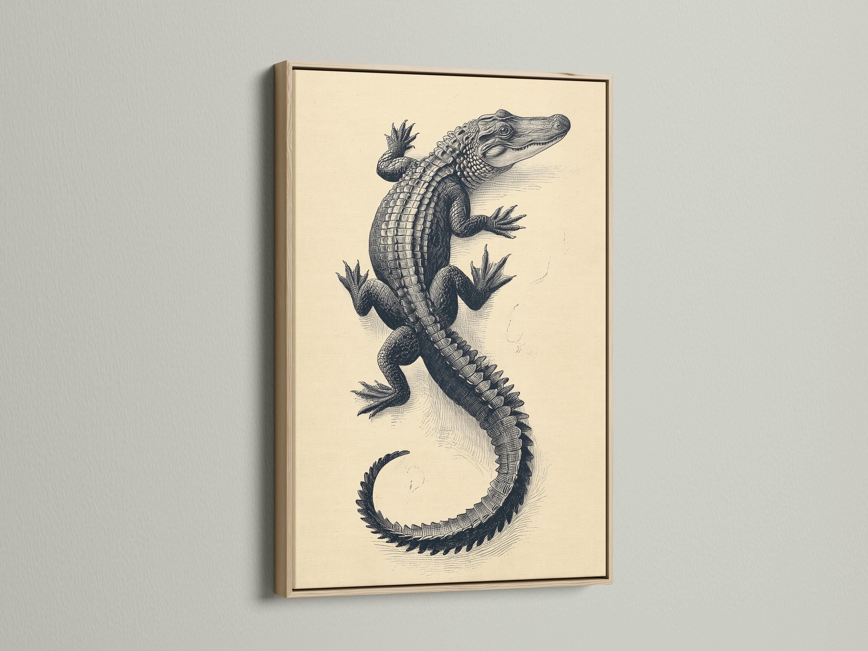 Room mockup showing framed alligator illustration above a wooden desk