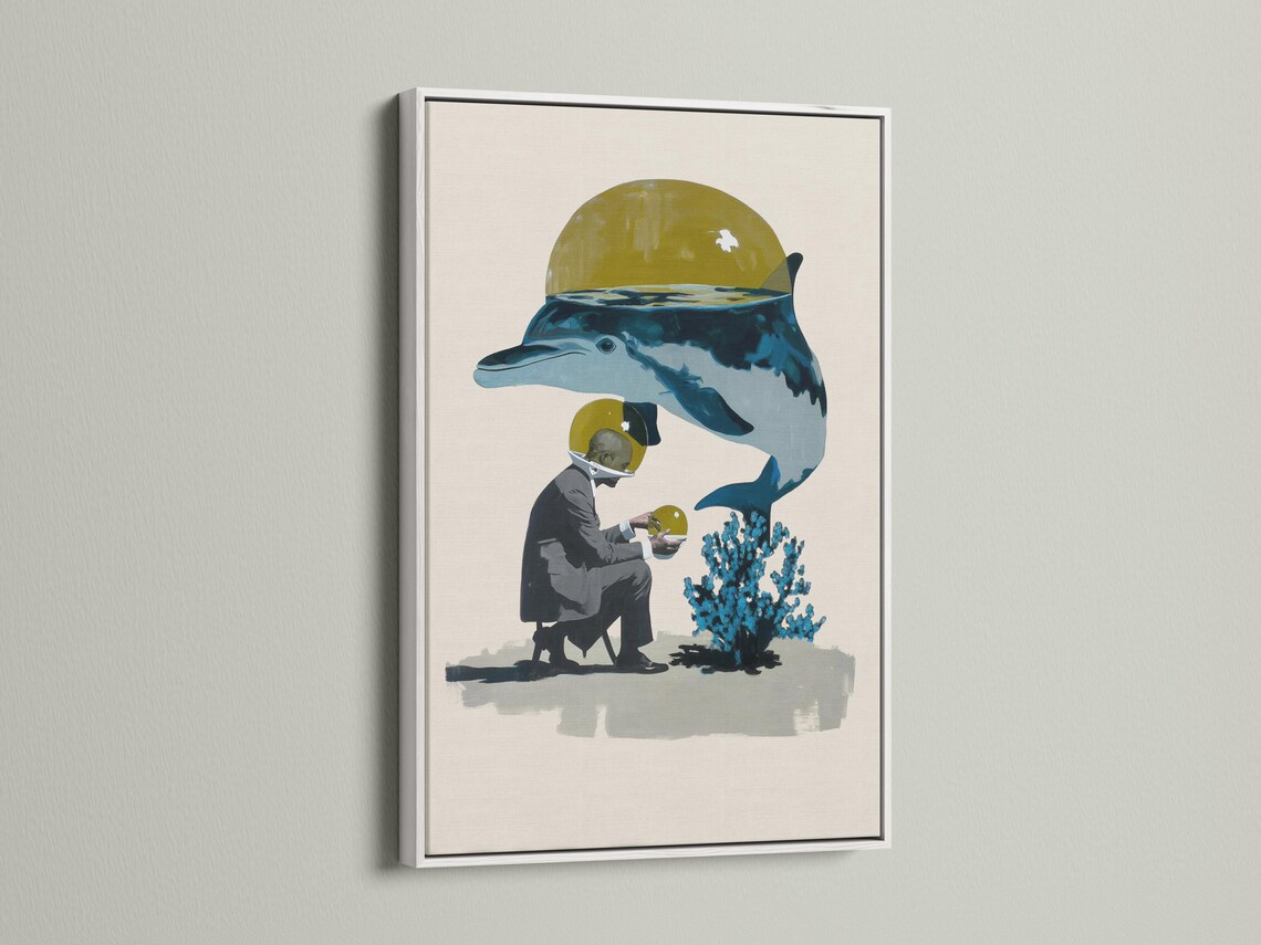 Surreal dolphin in blue with a yellow helmet-like dome and a person holding a round yellow object detail view