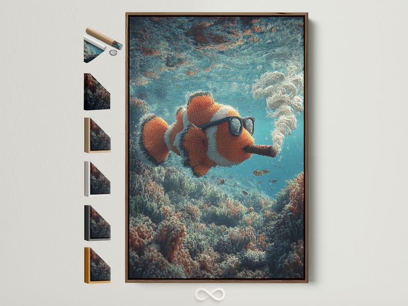 Underwater illustration of a clownfish wearing dark glasses and holding a cigar among coral and bubbles