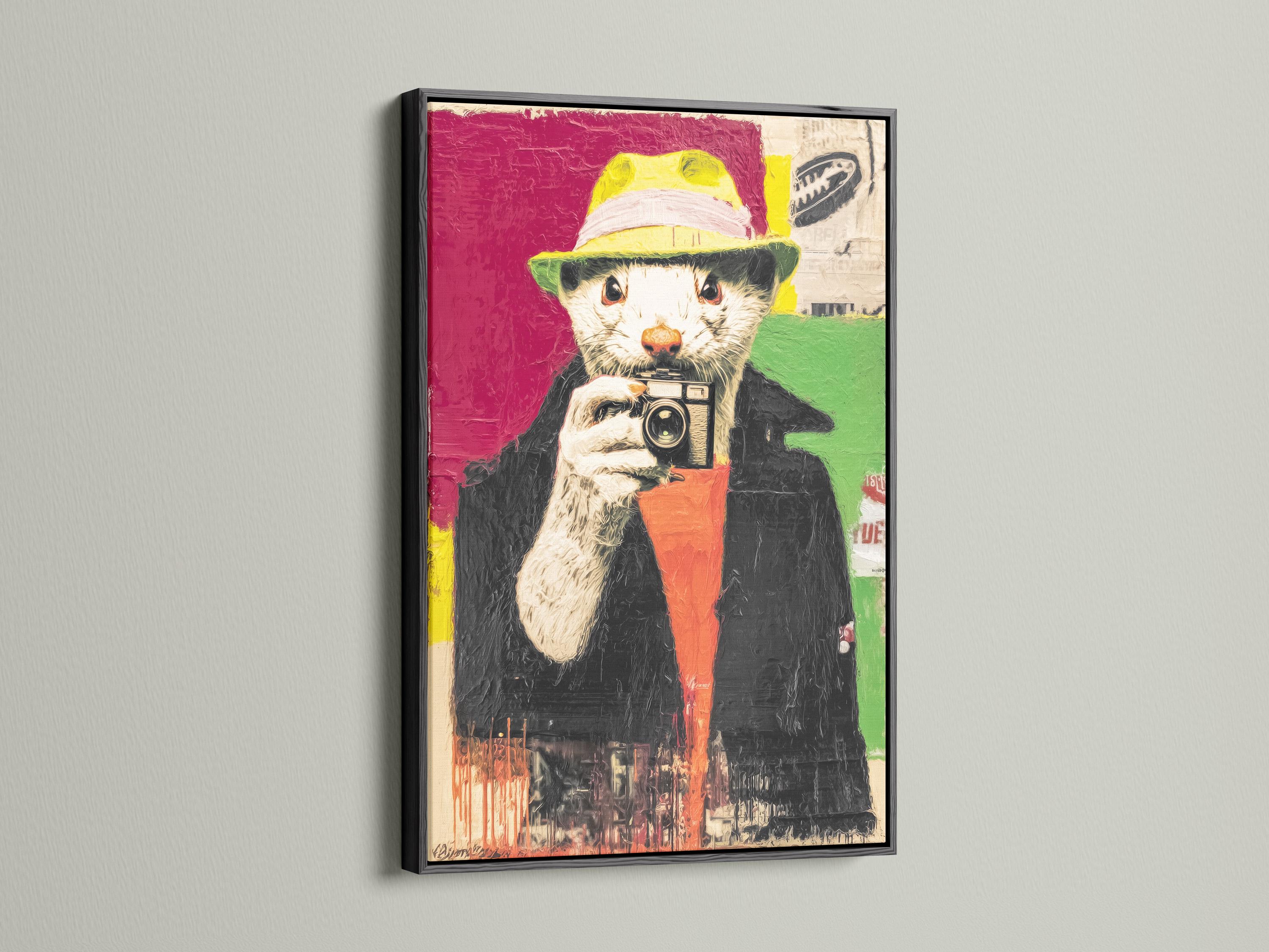 Pop-art portrait of a dog-like animal photographer holding a vintage camera, with bright magenta and green background detail view