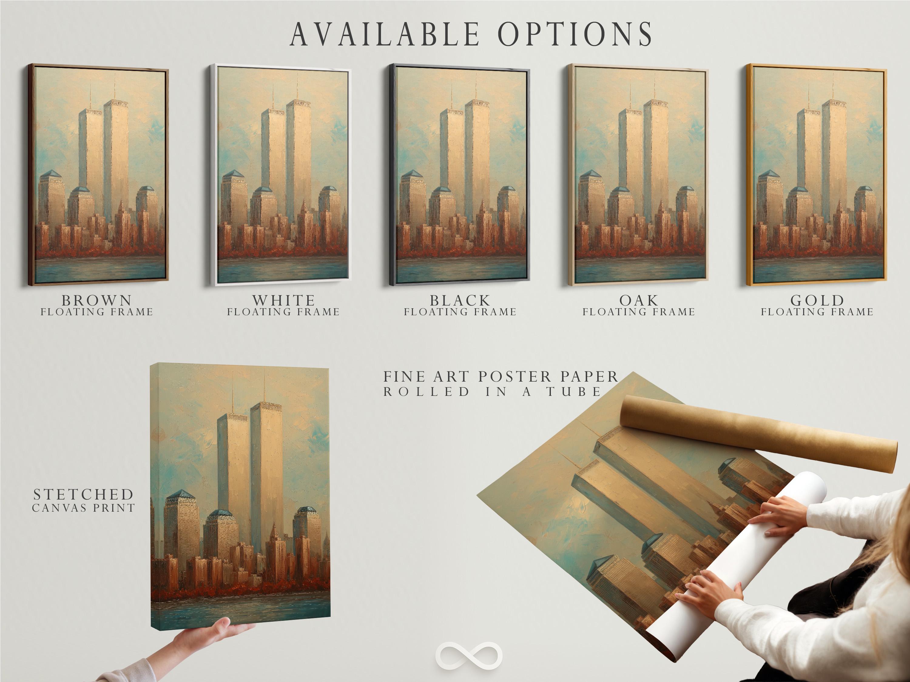 Stylised skyline with two twin towers, warm beige buildings and blue-green water foreground detail view