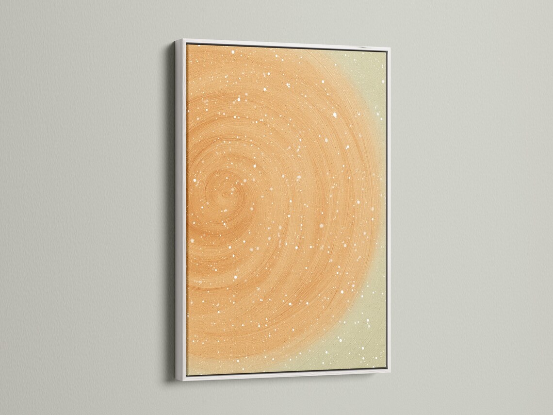 Beige abstract circular swirl with white speckles on a soft neutral background detail view