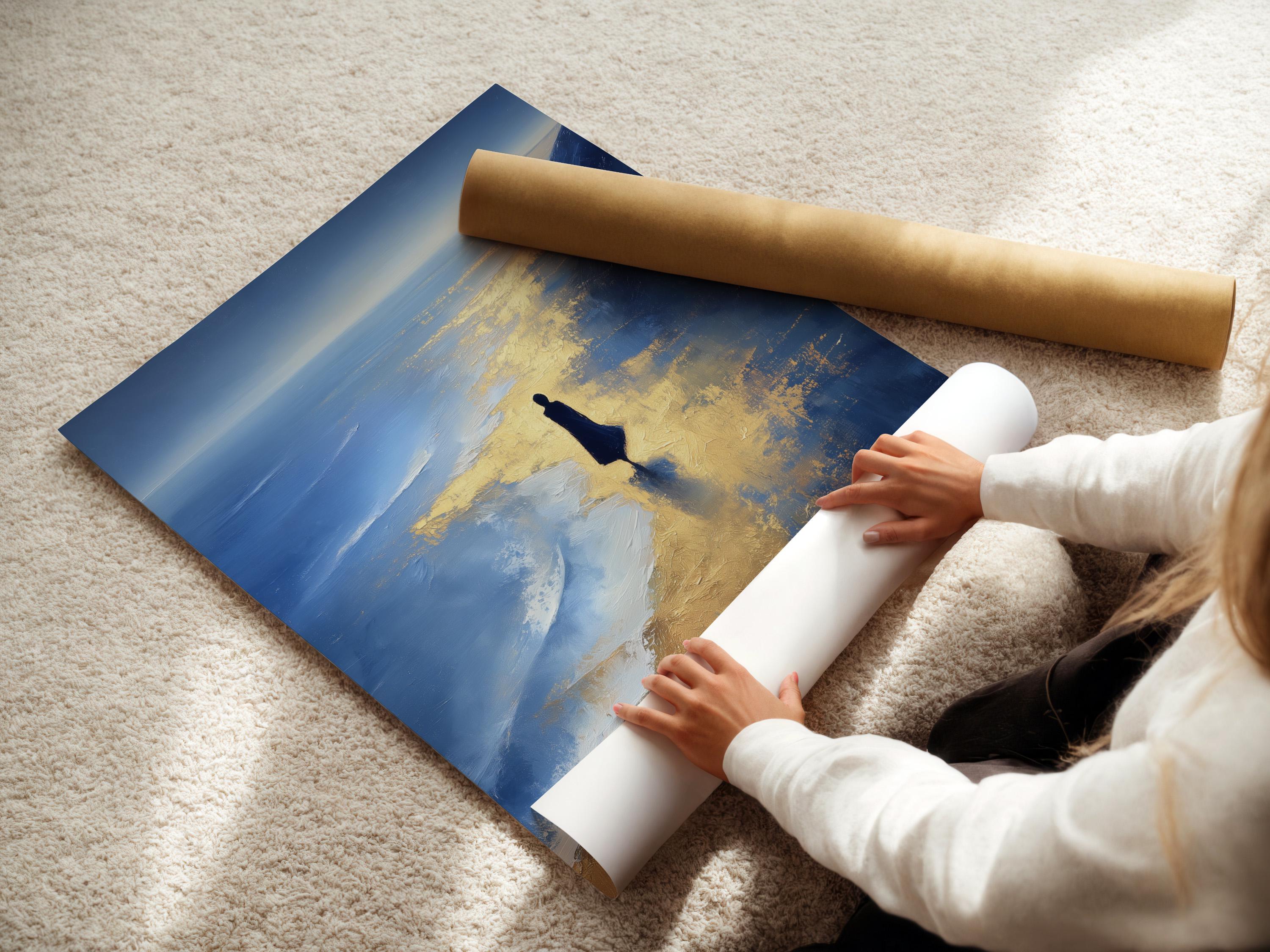 Painterly navy blue seascape with gold reflections and a dark human silhouette near the shoreline detail view