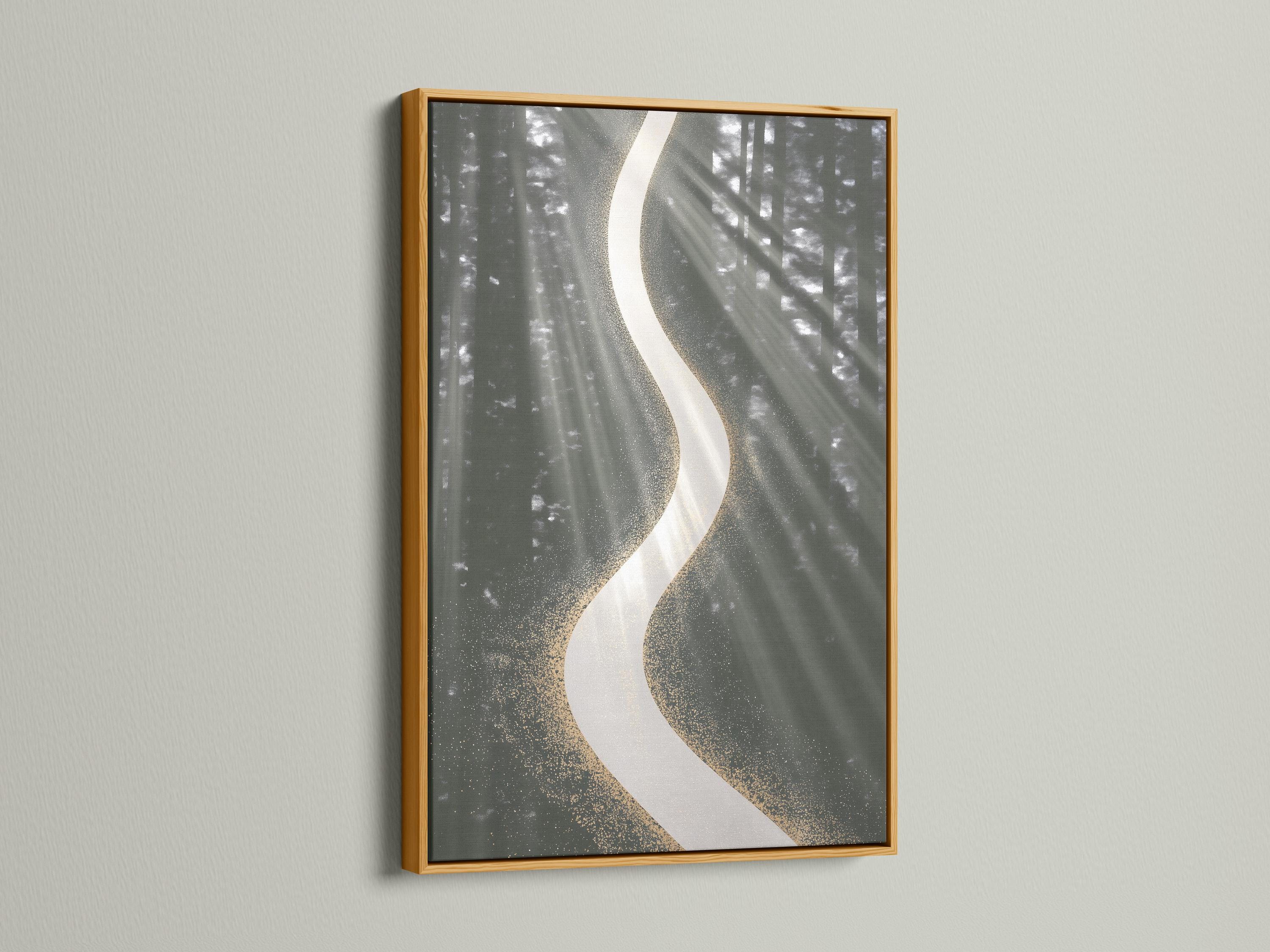 Abstract charcoal grey forest background with a large white curved ribbon and gold speckles detail view