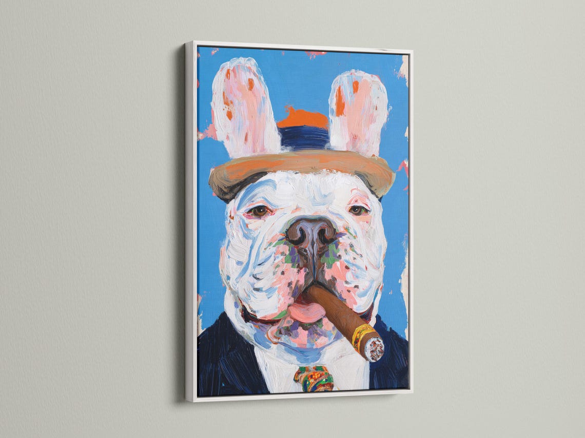 Painterly bulldog portrait with a cigar against a bright blue background detail view