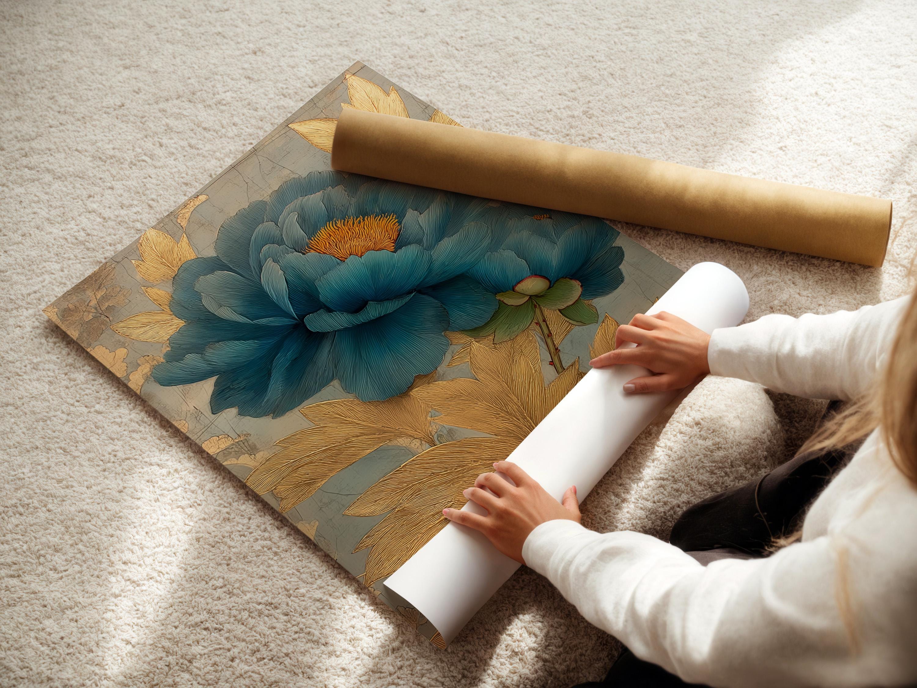 Teal peony flower with gold-brown leaves over a light grey map-like background detail view