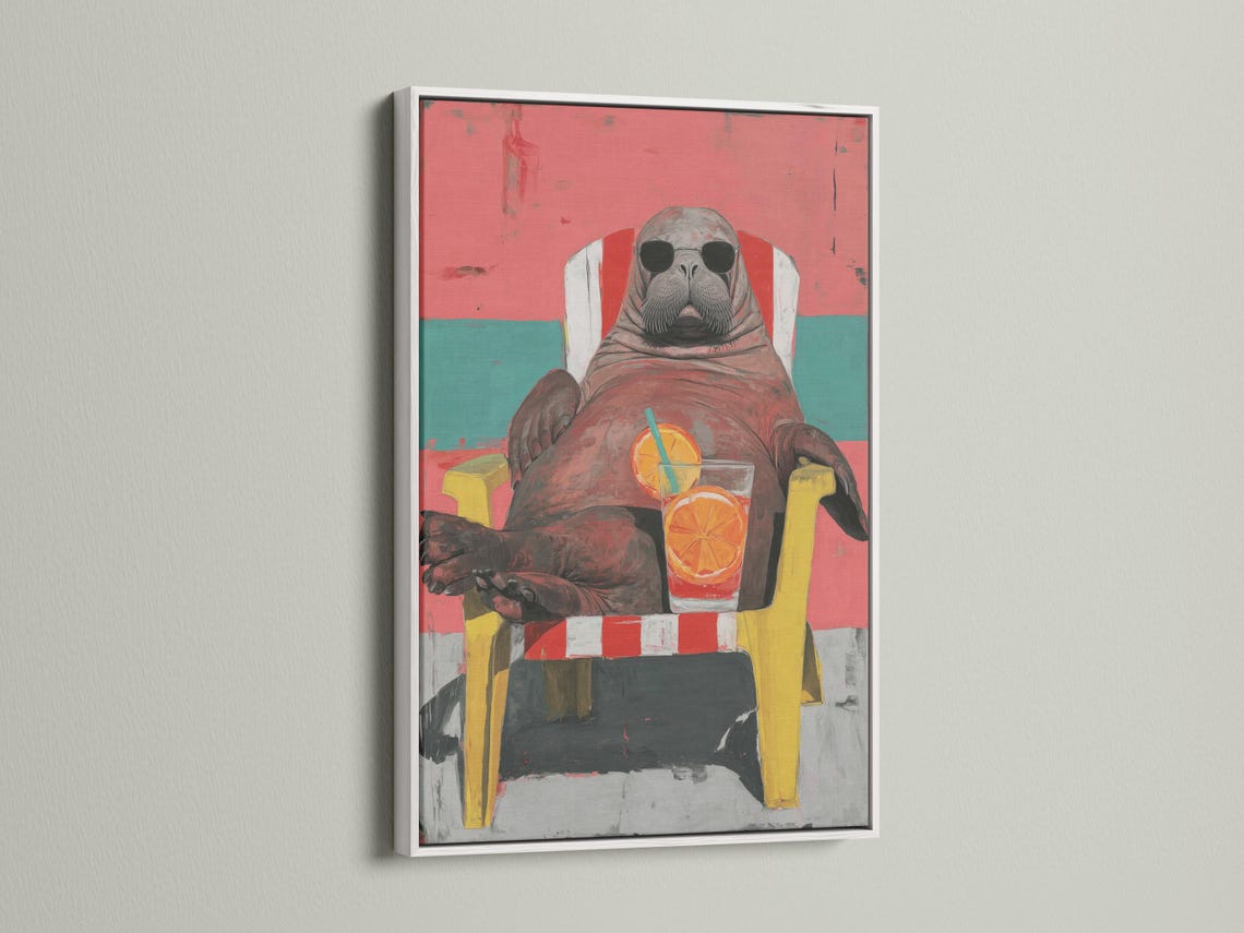 Stylised walrus wearing oversized sunglasses with a coral and teal background and a drink with an orange slice detail view