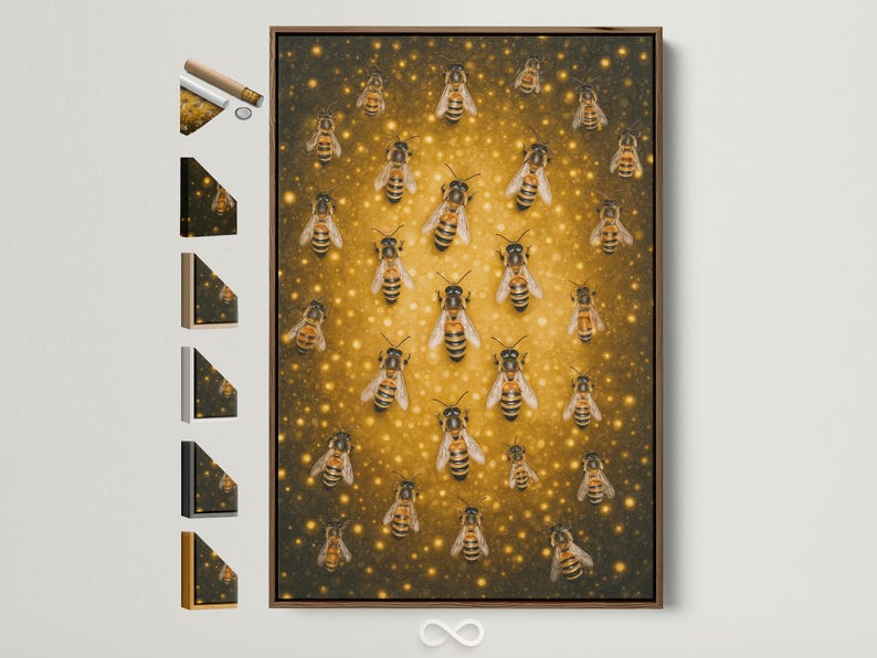 Illustrated bees with black and yellow stripes on a warm golden honeycomb-like background