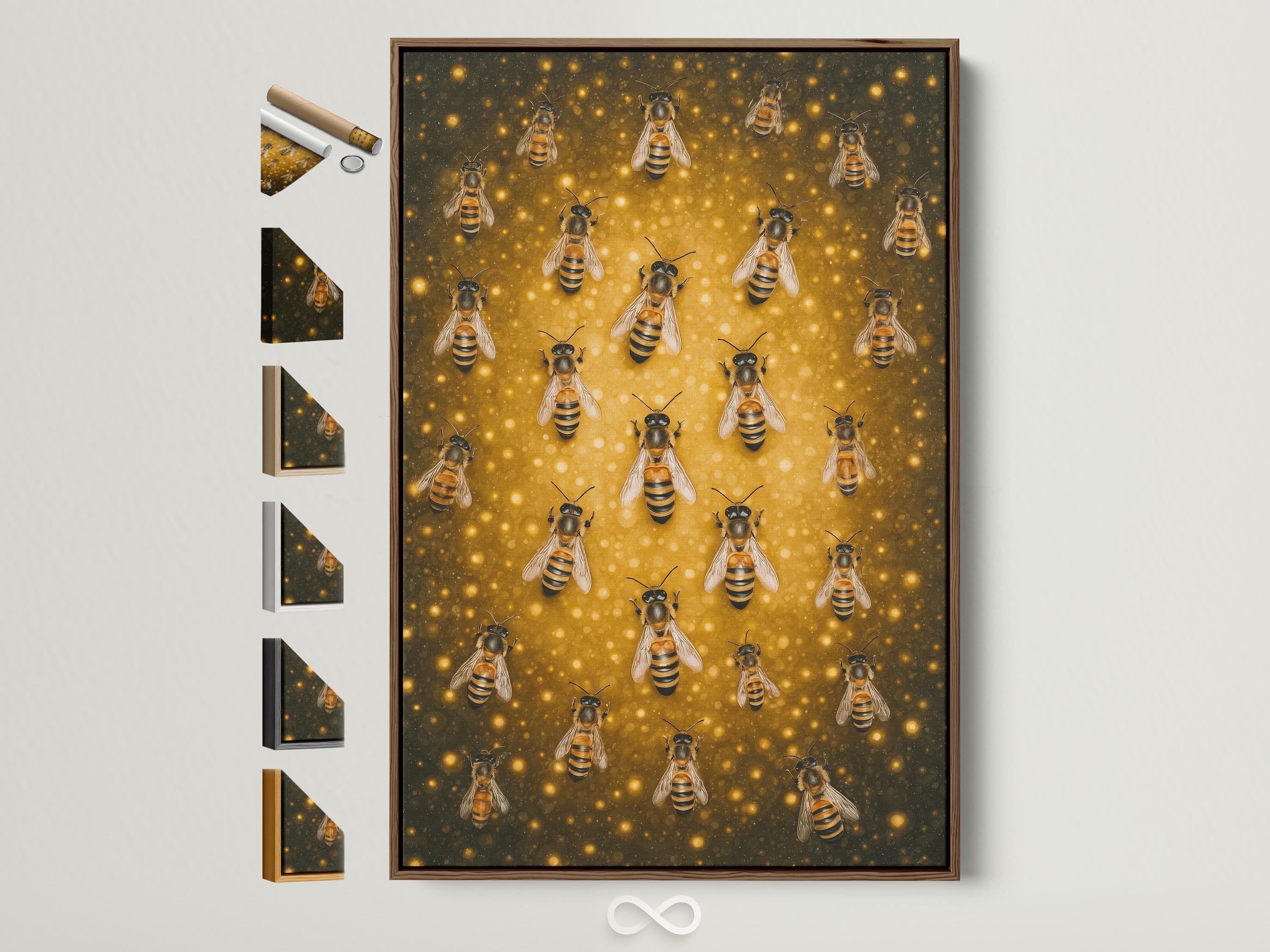 Illustrated bees with black and yellow stripes on a warm golden honeycomb-like background
