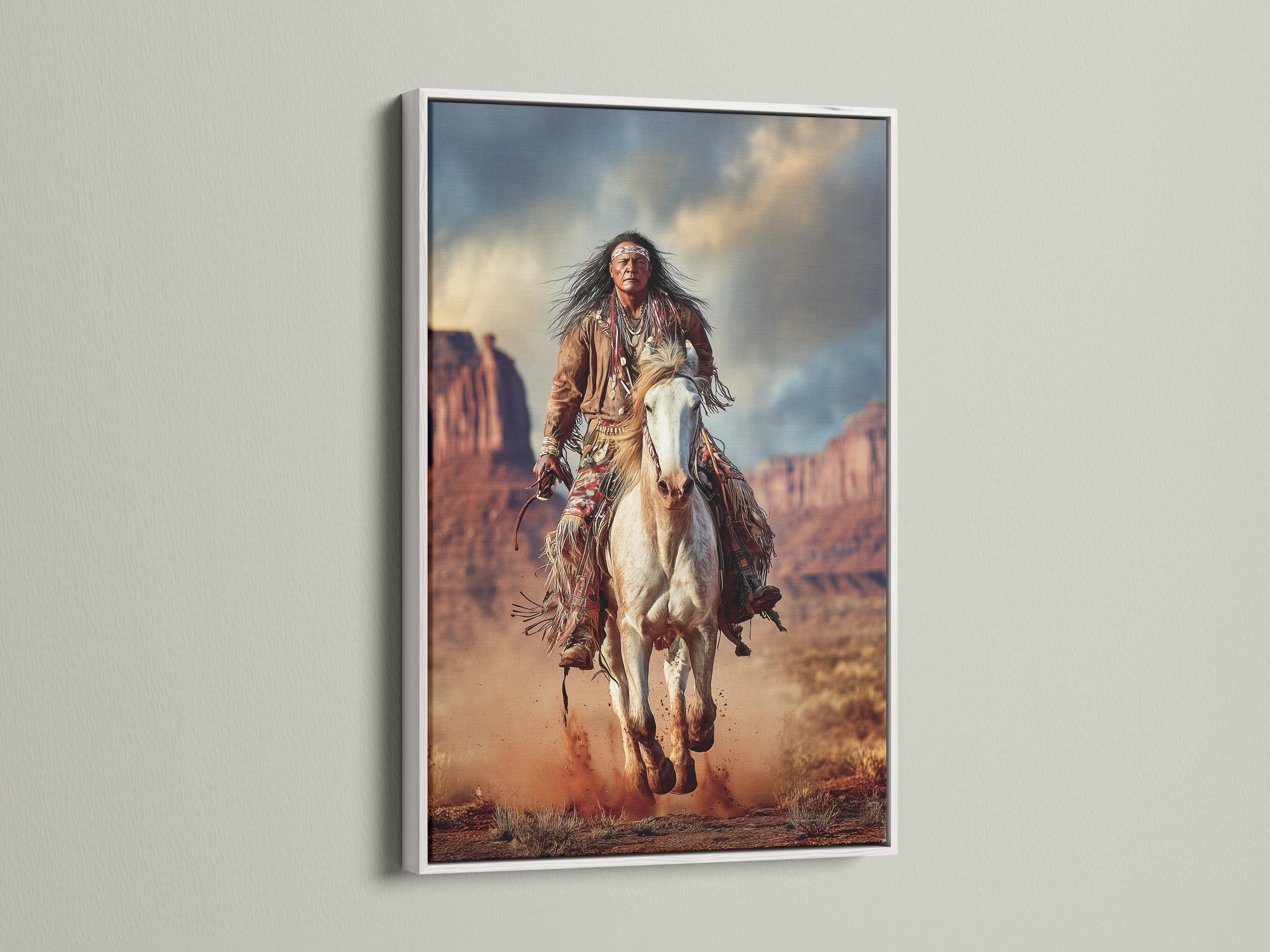 Artwork featuring a rider on a white horse charging through a dusty desert landscape, shown in a room mockup
