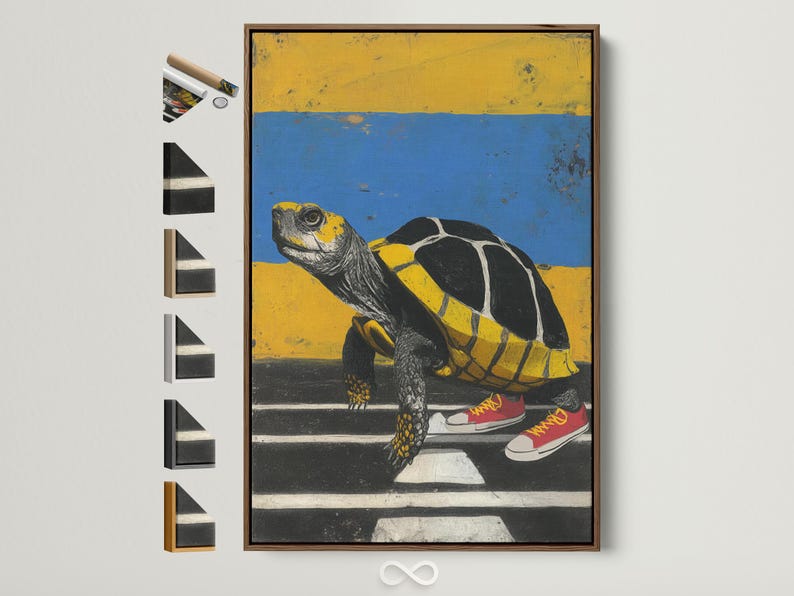 Stylised turtle wearing red sneakers on a road, with blue sky and yellow horizon