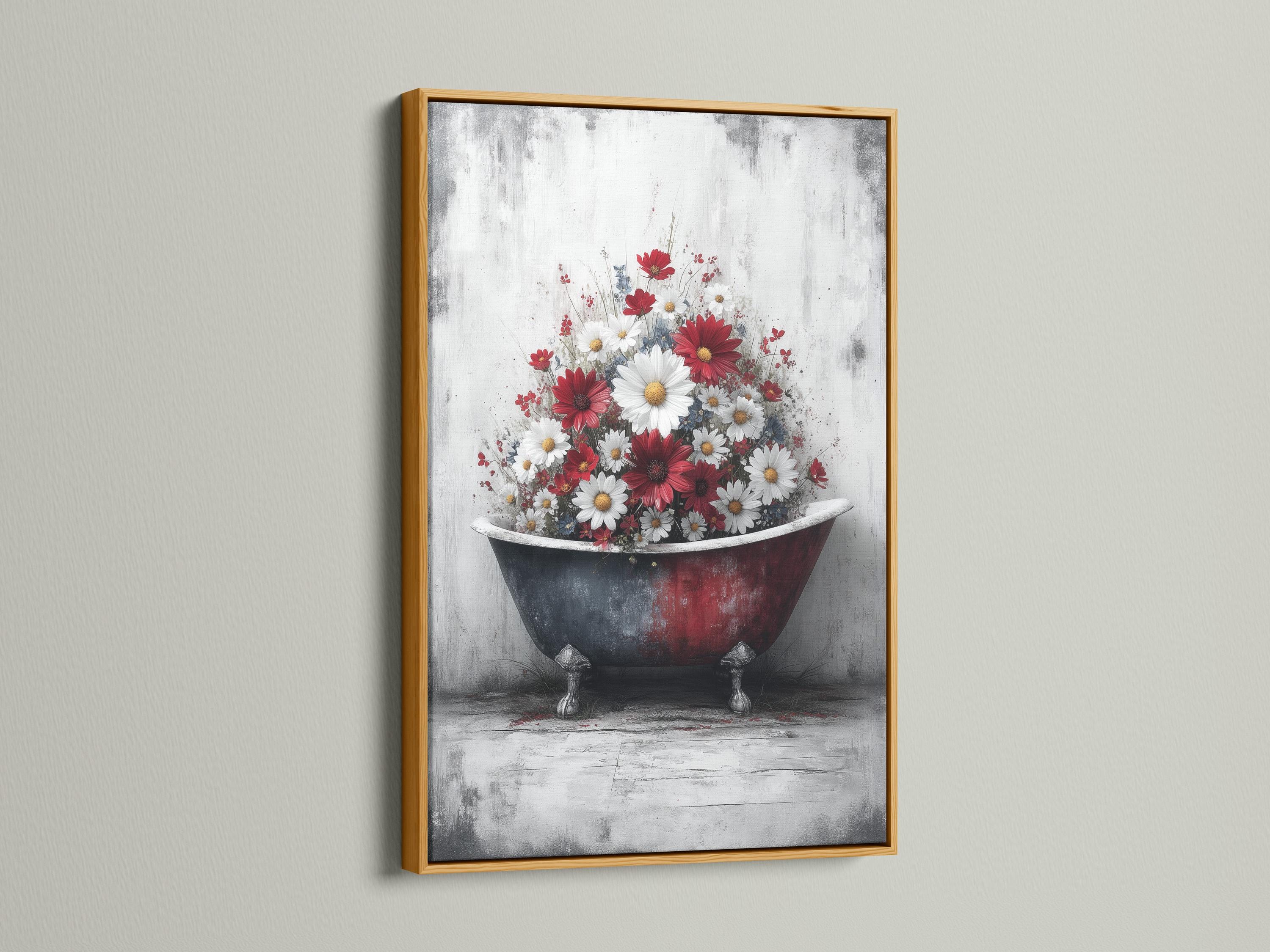 Vintage bathtub filled with red and white daisies on a distressed grey background detail view