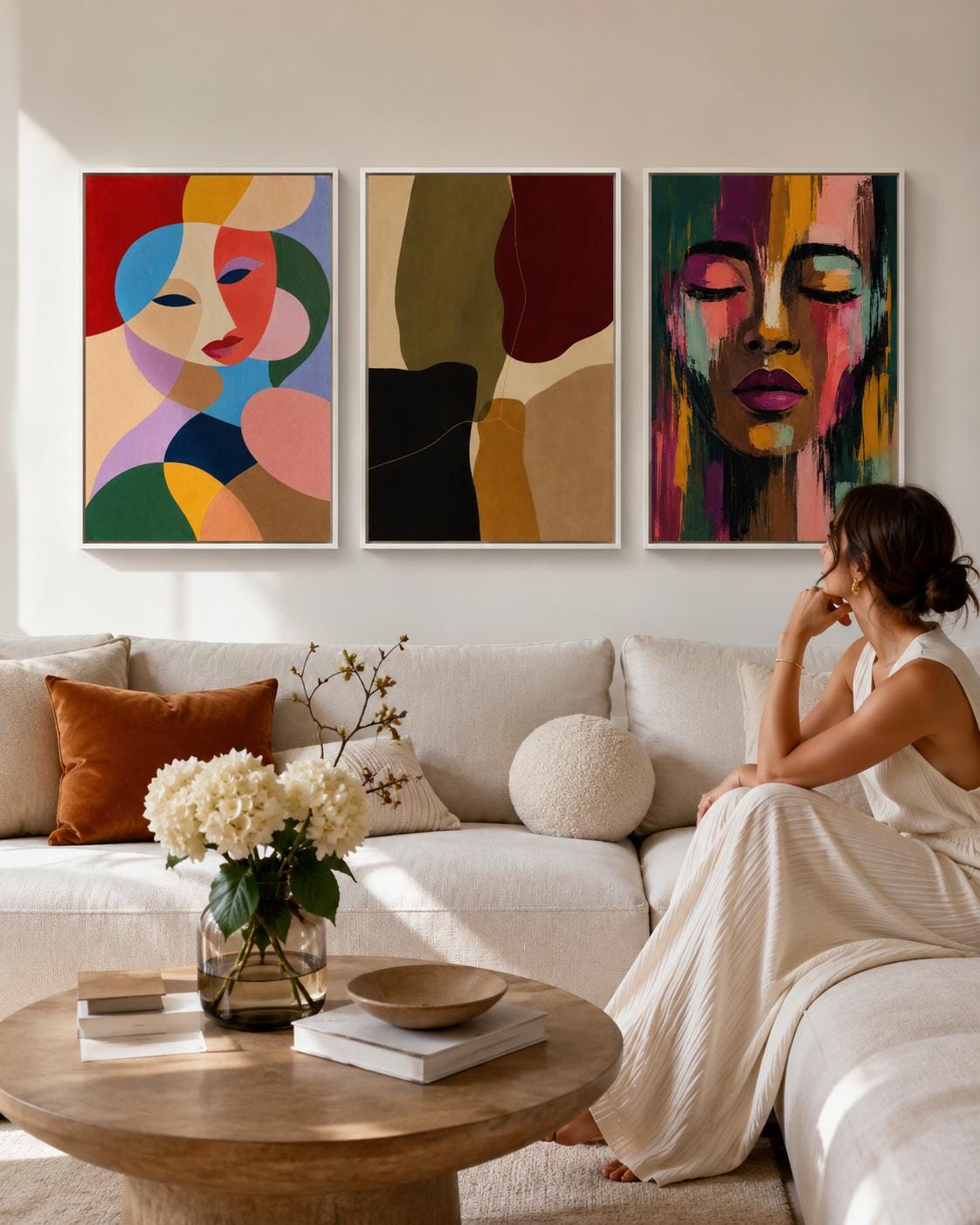 Room mockup with three abstract portrait artworks in multicolour tones above a bed and desk