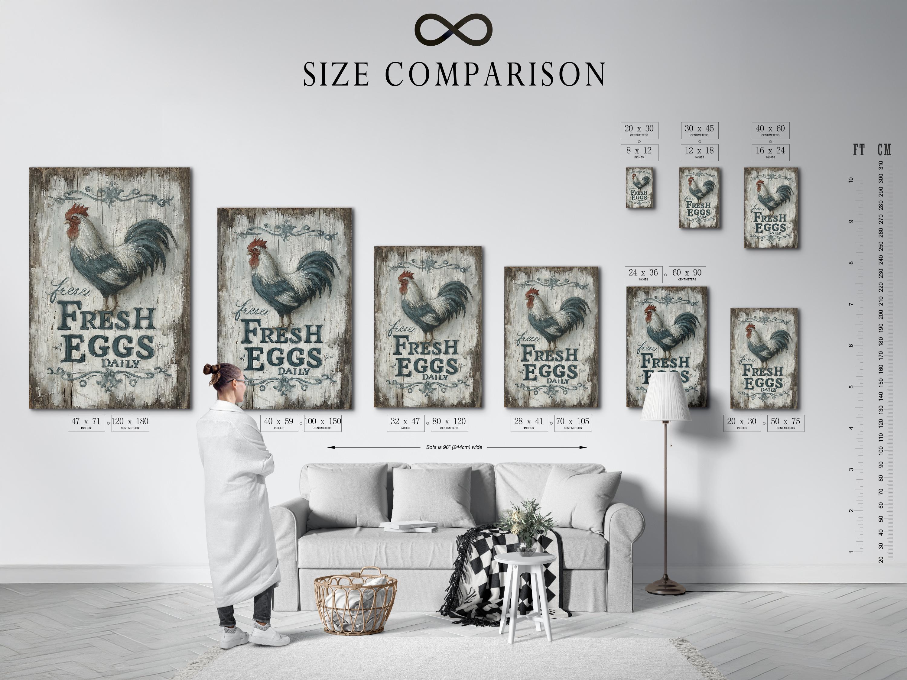 Rooster illustration above distressed text reading “FRESH EGGS DAILY” on a cracked grey background detail view