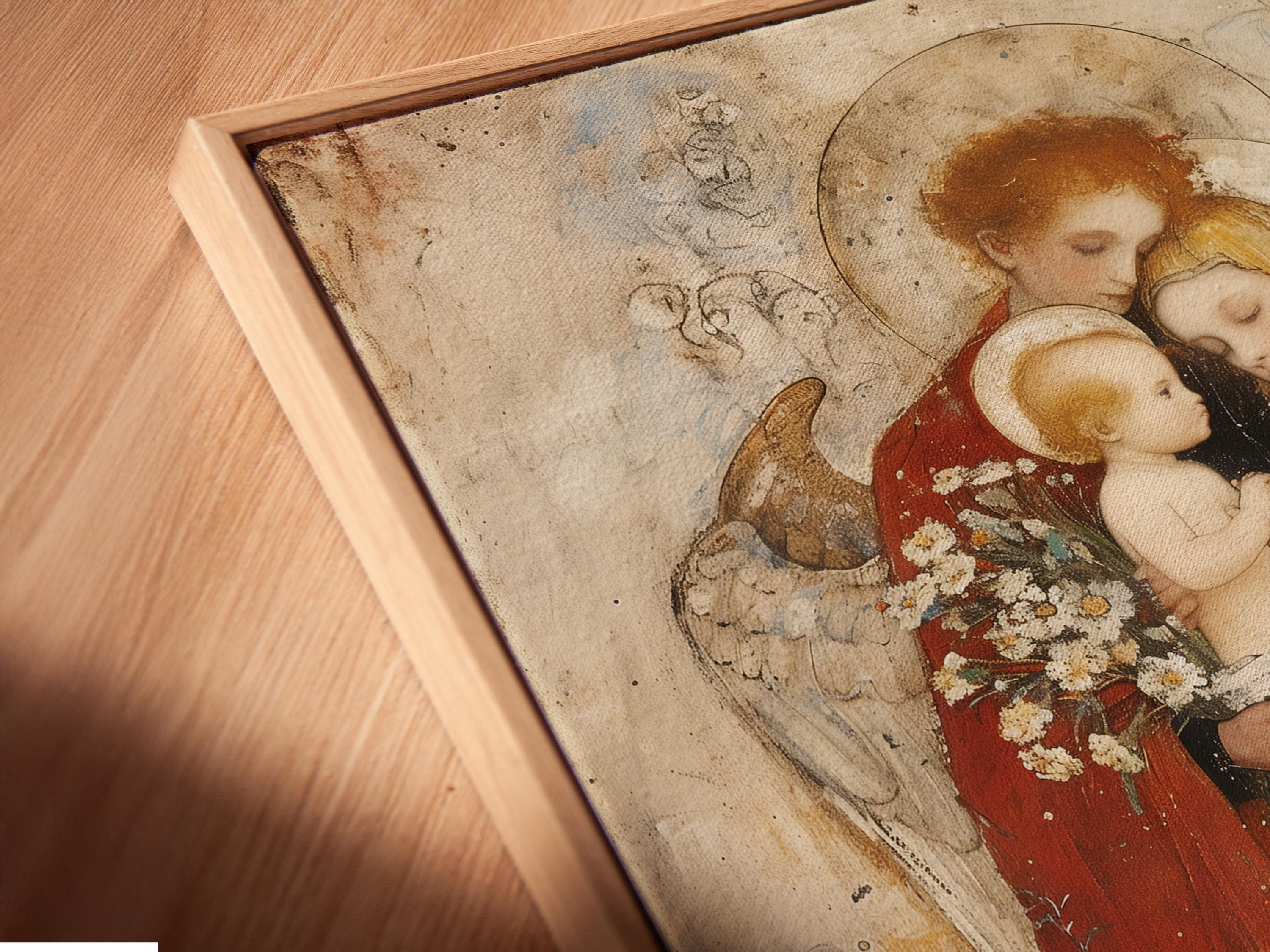 Room mockup featuring a framed religious artwork of Madonna holding a baby with winged angels