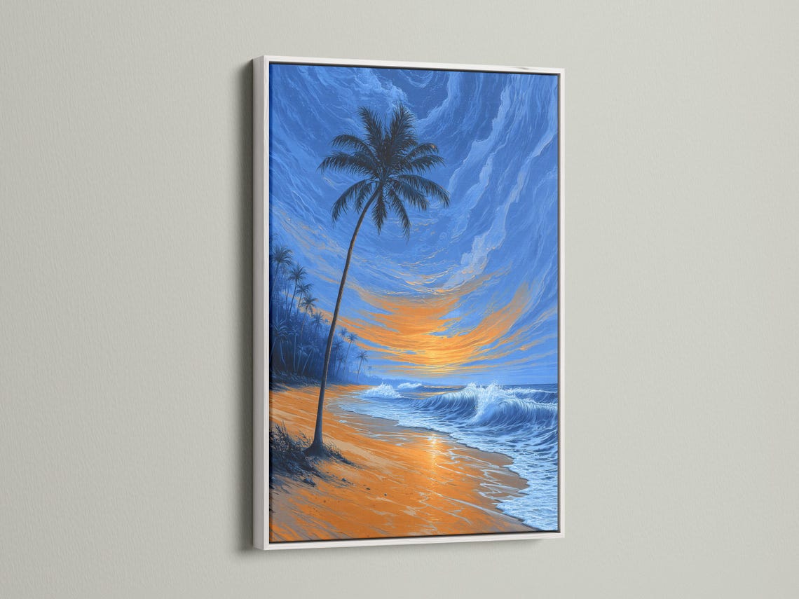 Palm tree tropical beach scene with ocean waves and a glowing sunset sky detail view