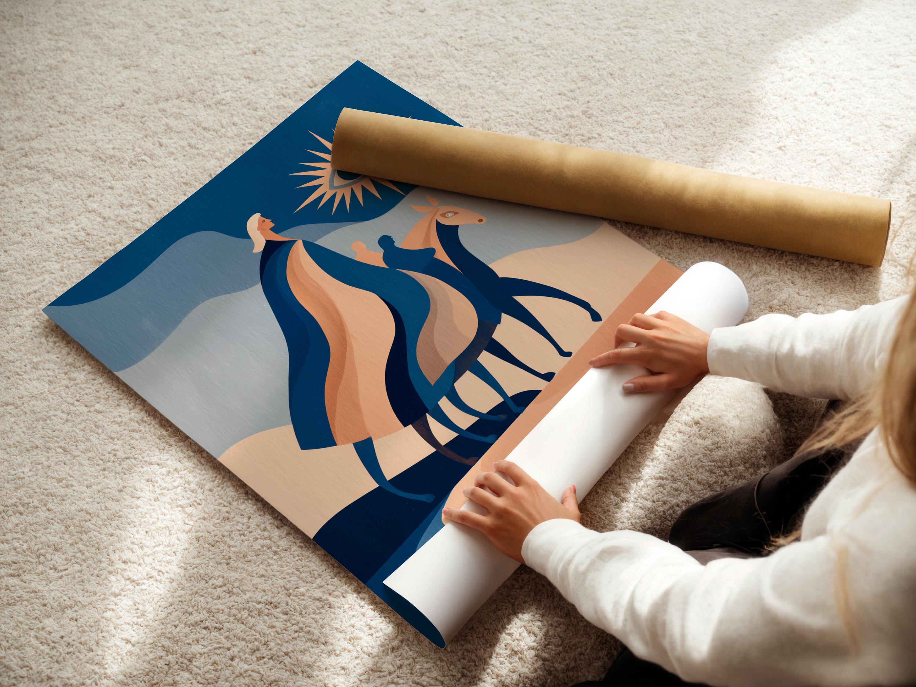 Stylised horse artwork in blue and peach with a sunburst eye motif detail view