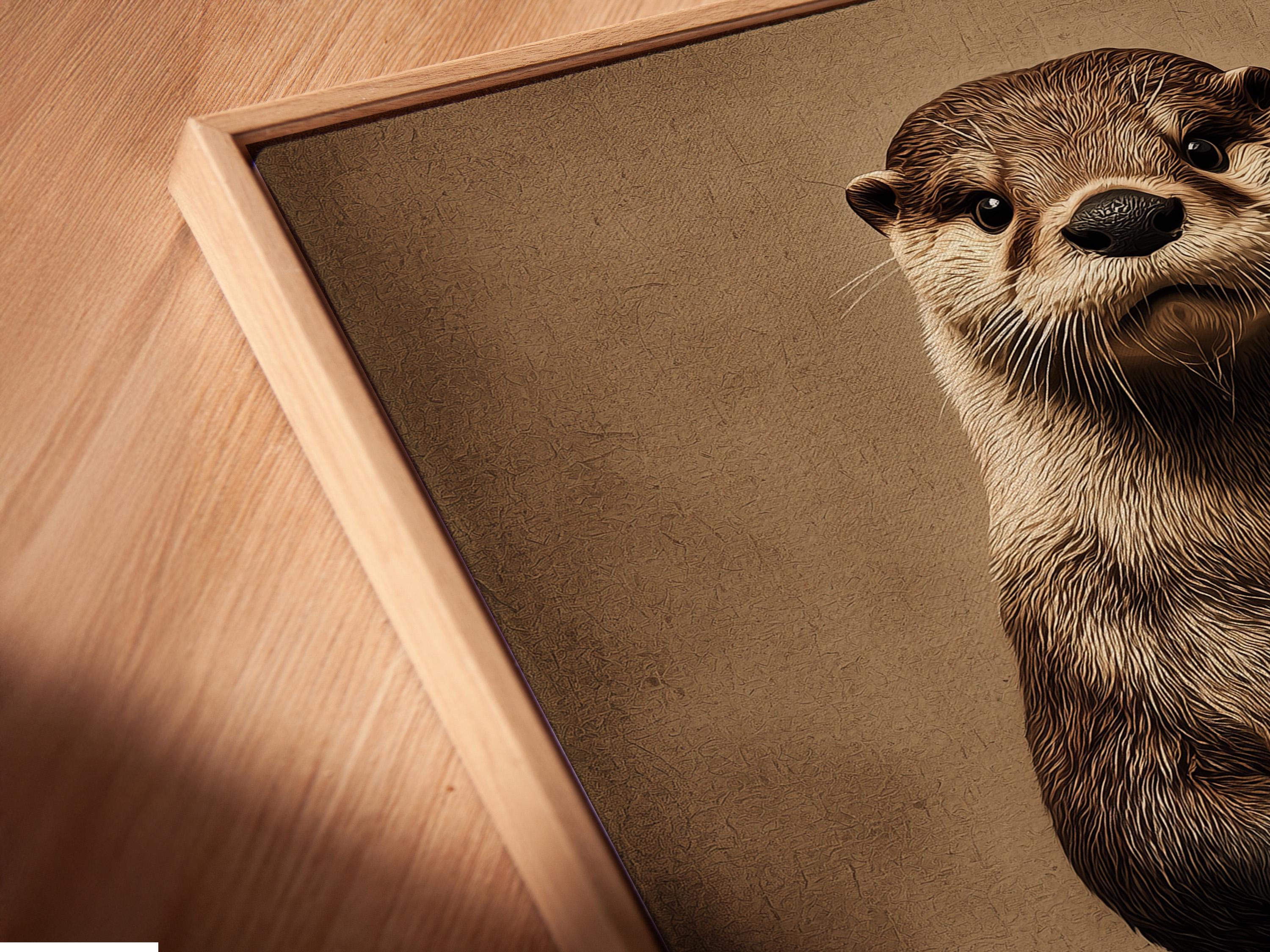 Stylised otter standing upright on a textured taupe background detail view