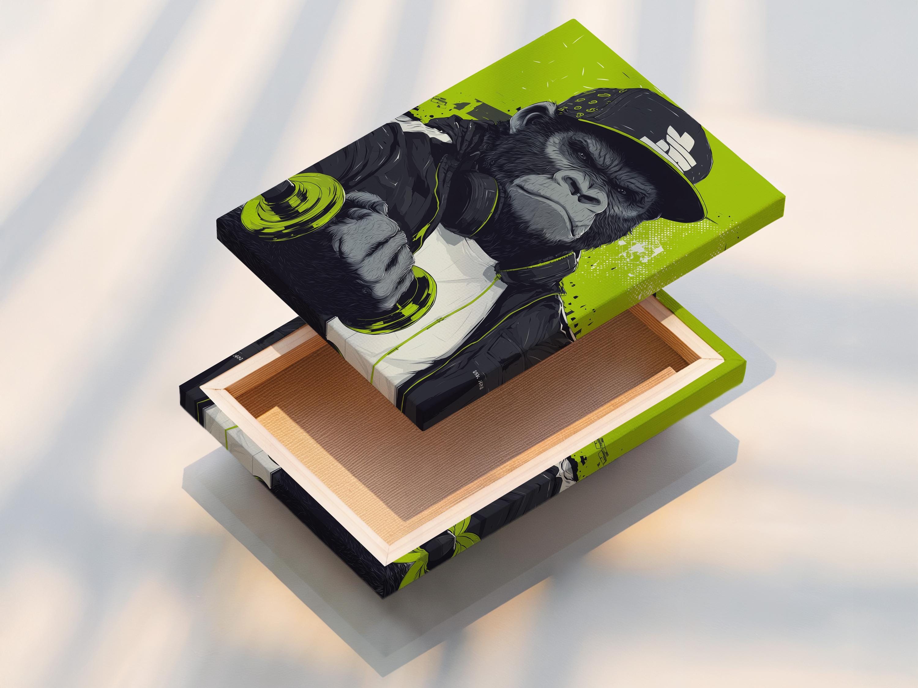Mockup showing a framed gorilla barbell street-art image with a neon lime green background