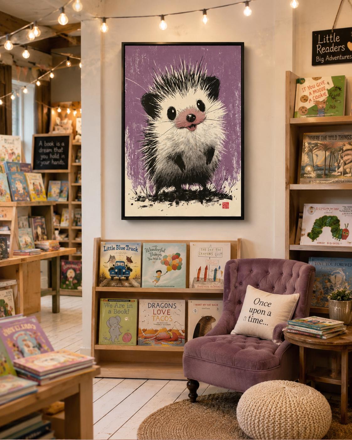 Hedgehog illustration in black and white on a textured lilac-purple background detail view