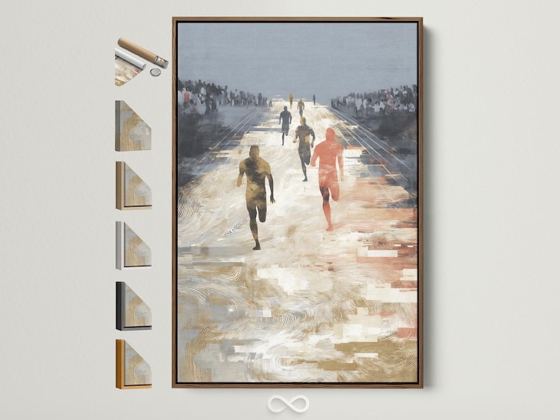 Stylised running scene with several runners on a sunlit path, beige and gold tones against blue-grey haze