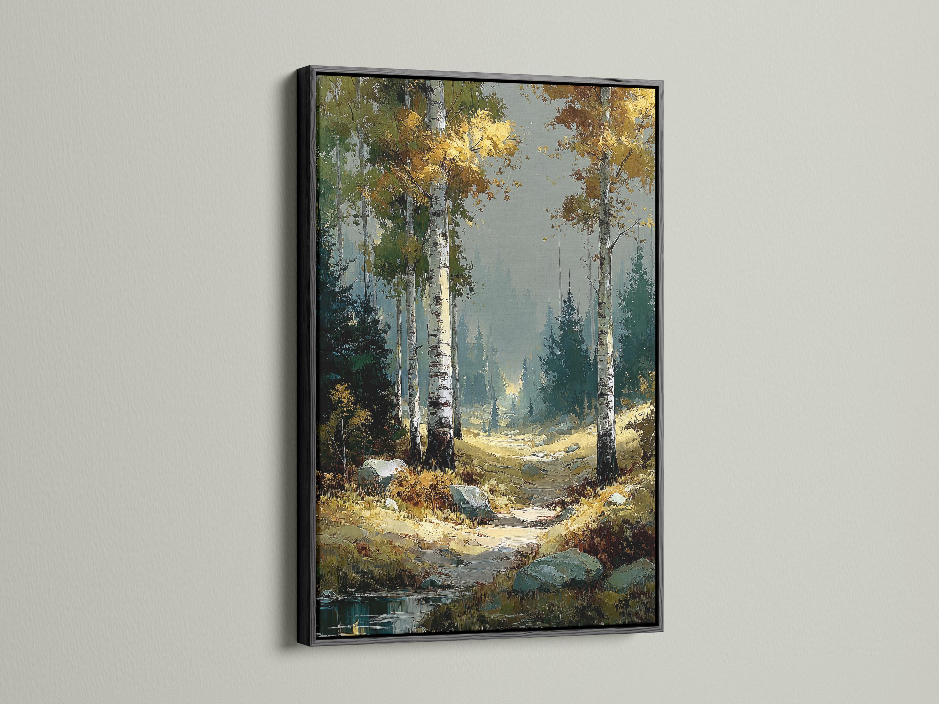 Painterly autumn birch forest landscape with tall tree trunks and a winding woodland path detail view
