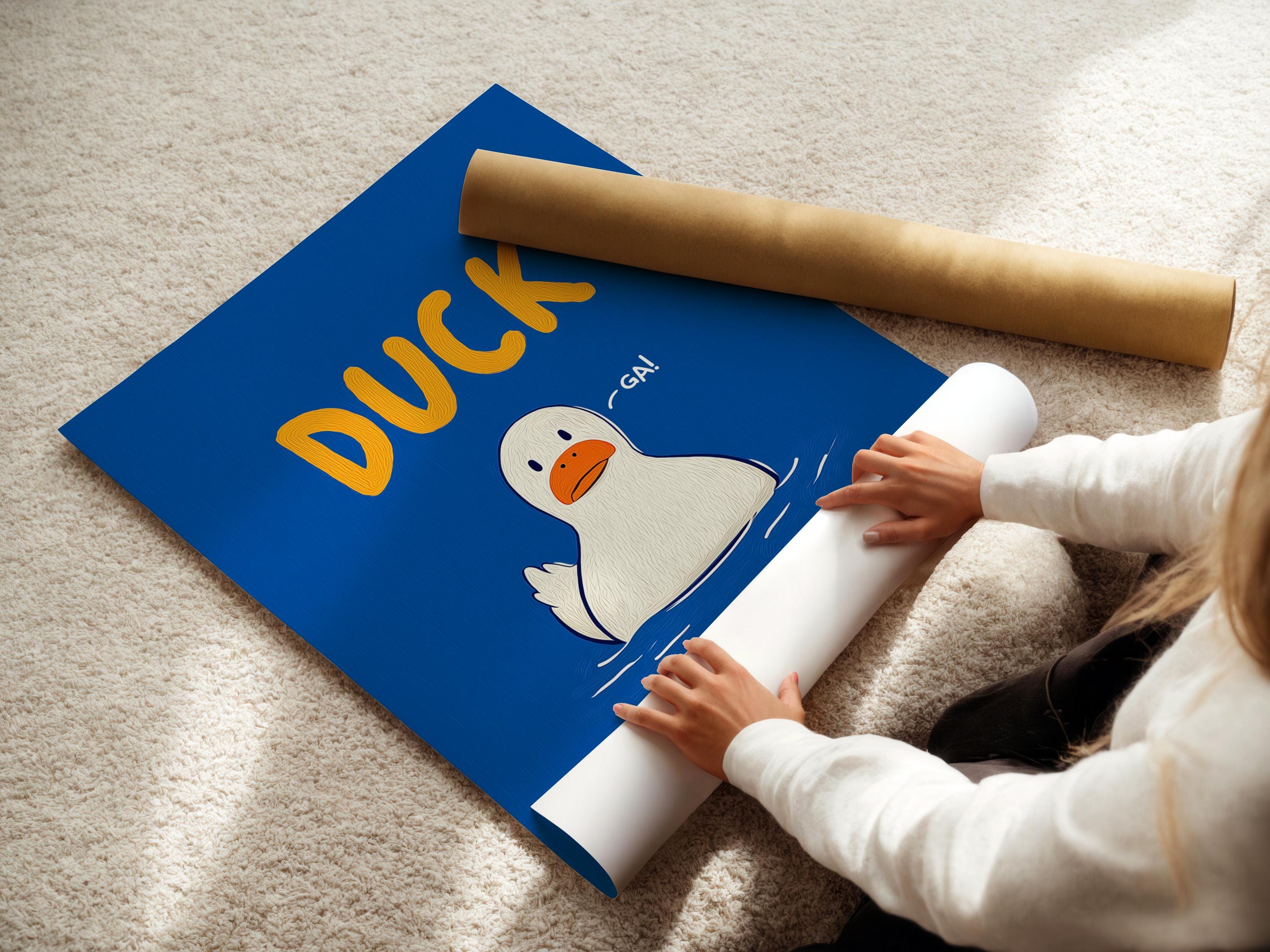 Room mockup showing blue framed duck artwork with orange “DUCK” text