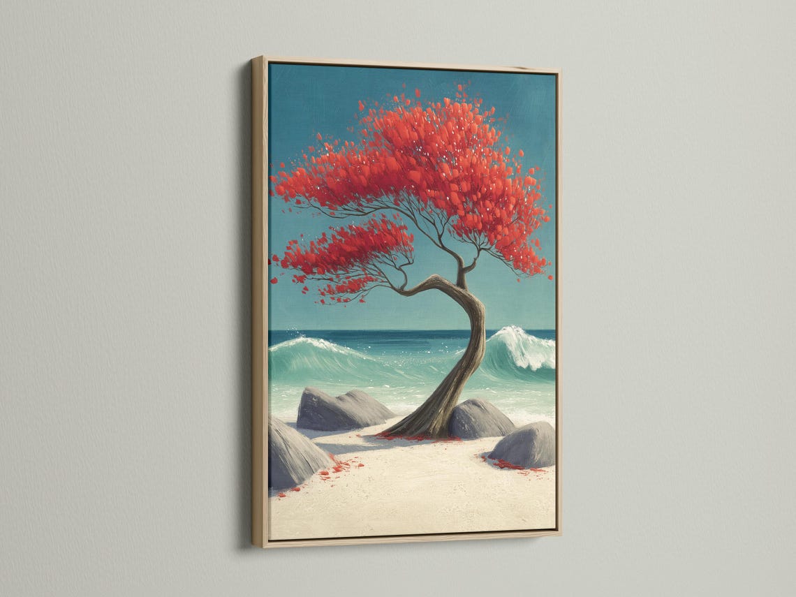 Red tree with spreading branches on a turquoise ocean beach with rocks and foamy waves detail view