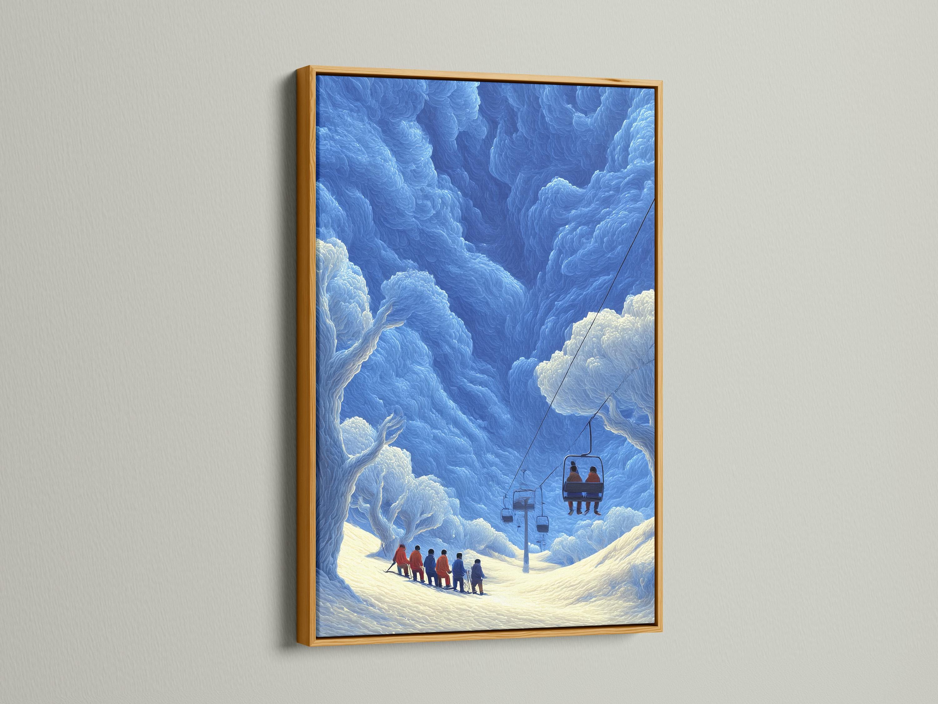 Blue winter ski resort scene with chairlift cabin and skiers in snowy mountains detail view