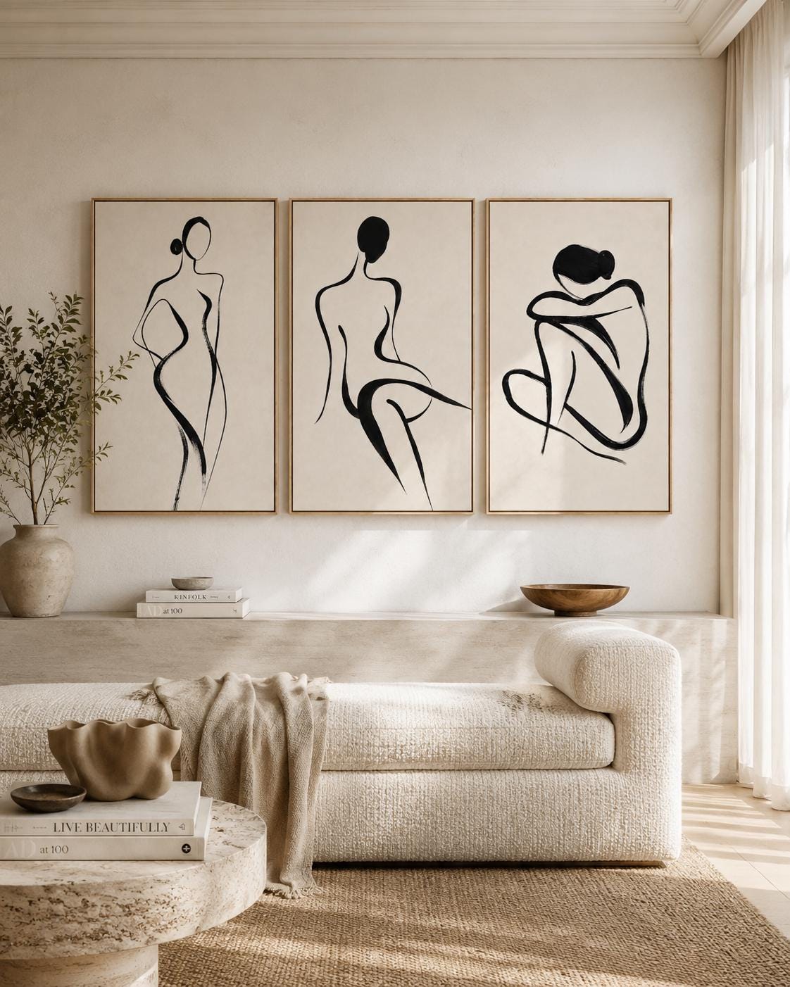 Three black minimalist female figure line drawings on neutral backgrounds detail view