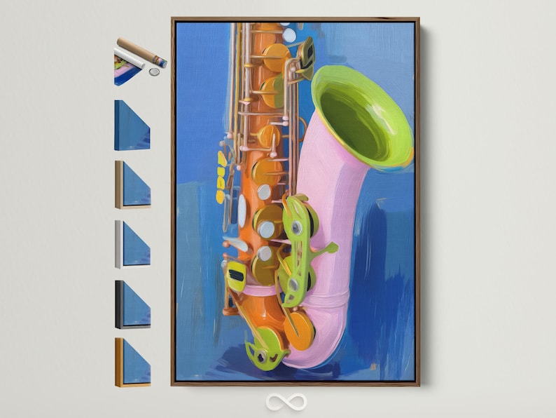 Abstract saxophone illustration with deep blue background, orange, green and pink accents
