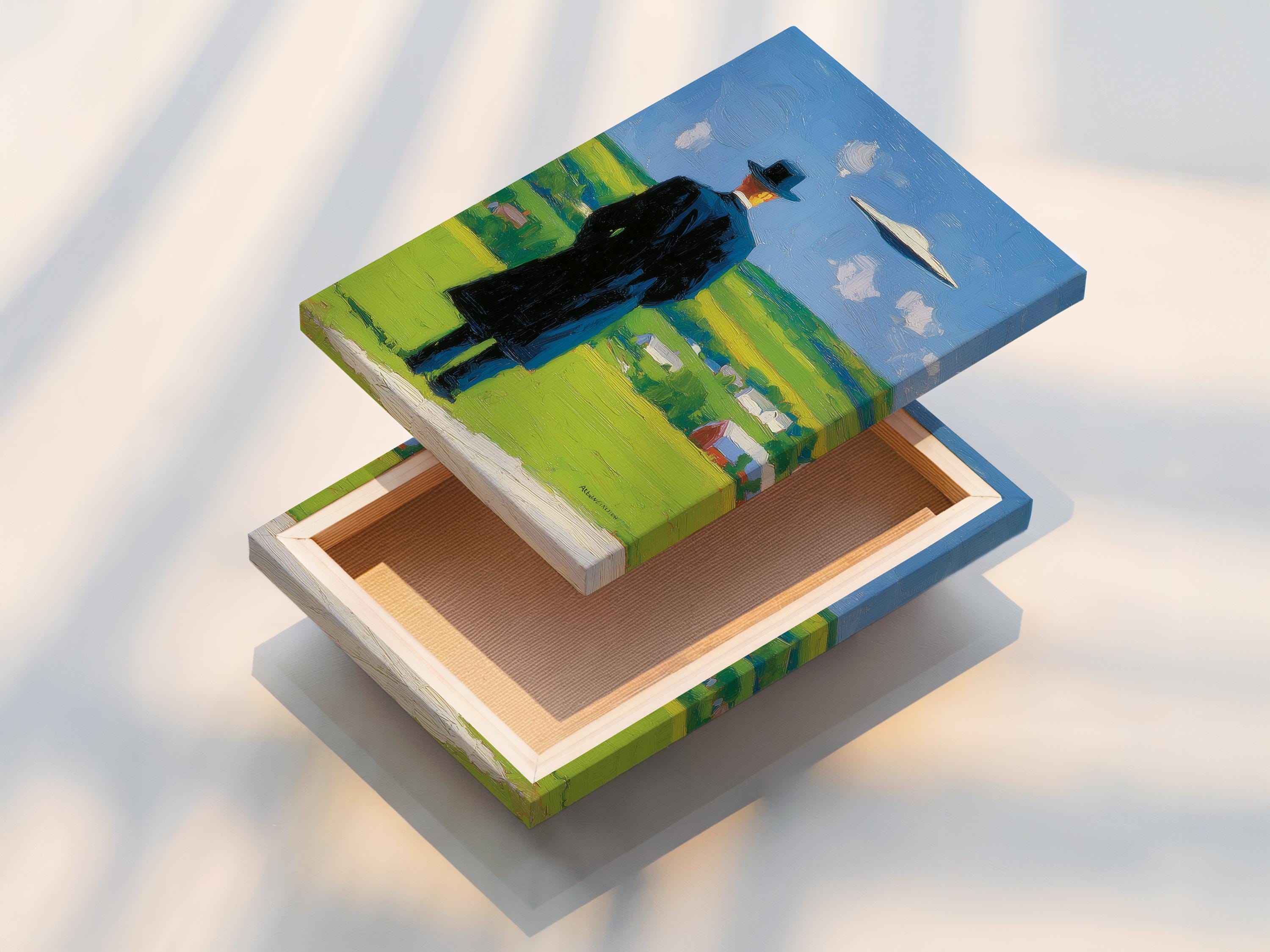 Man in a top hat looking up at a hovering UFO in a blue sky over green countryside detail view