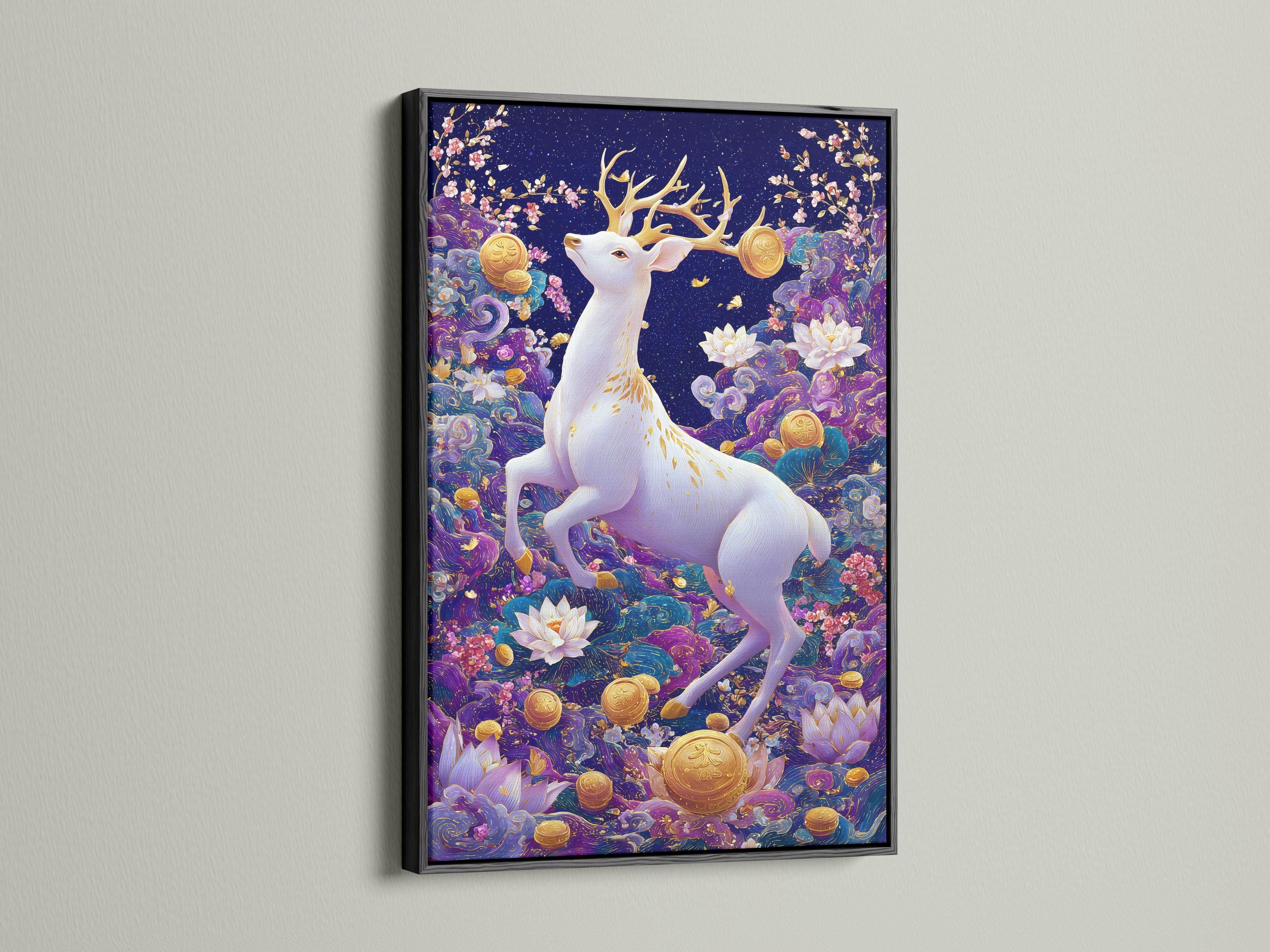 White deer with branching antlers in a navy and purple fantasy scene with lotus flowers and gold coins detail view